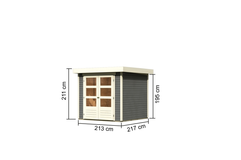 Bemaßte Maßzeichnung des Karibu Gerätehaus Askola 2, 213 × 217 cm