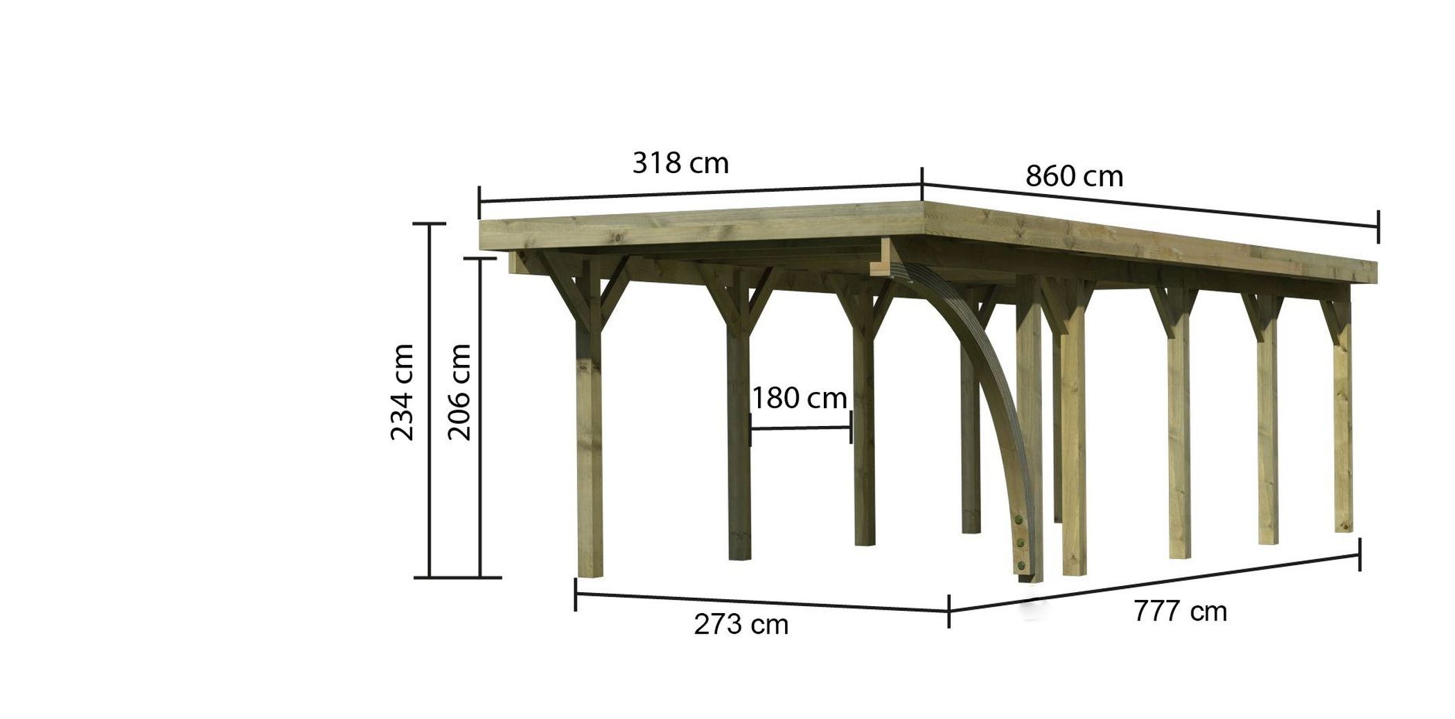 Maßzeichnung des Karibu Einzelcarport Classic 3 mit Dachmaß 318 × 860 cm und Durchfahrtshöhe 206 cm