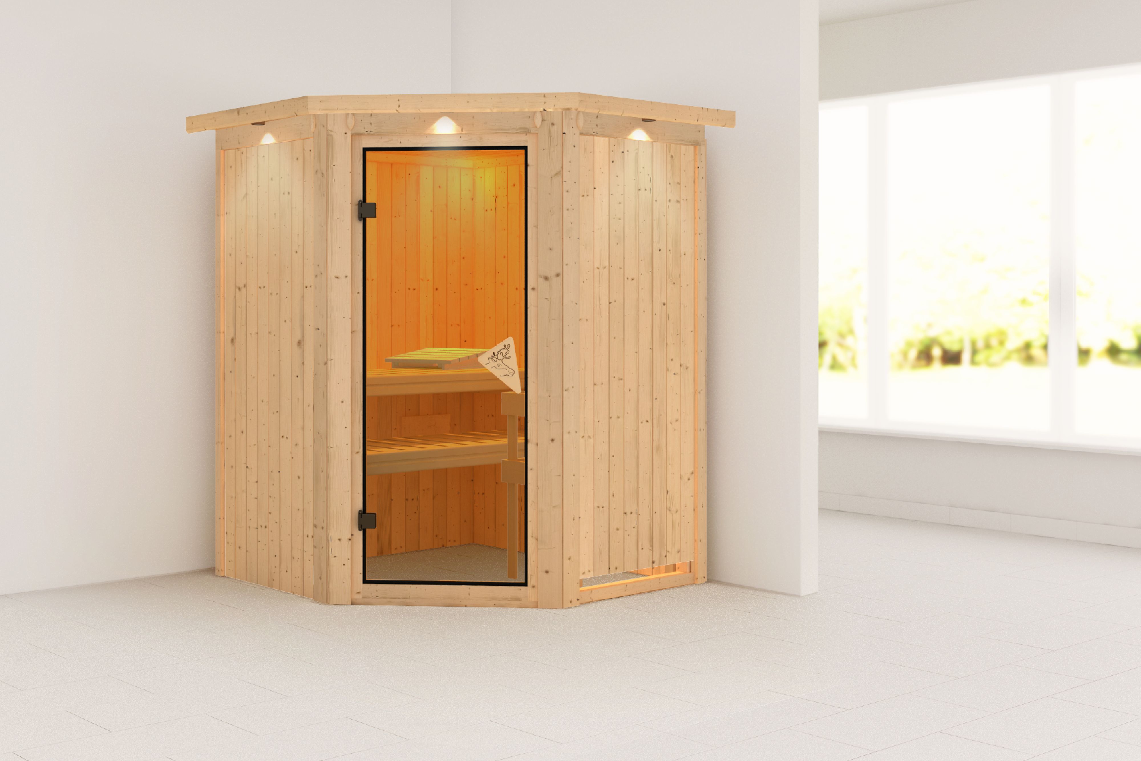 Außenansicht der Karibu Sauna Larin aus nordischer Fichte mit bronzierter Ganzglastür und Fronteinstieg