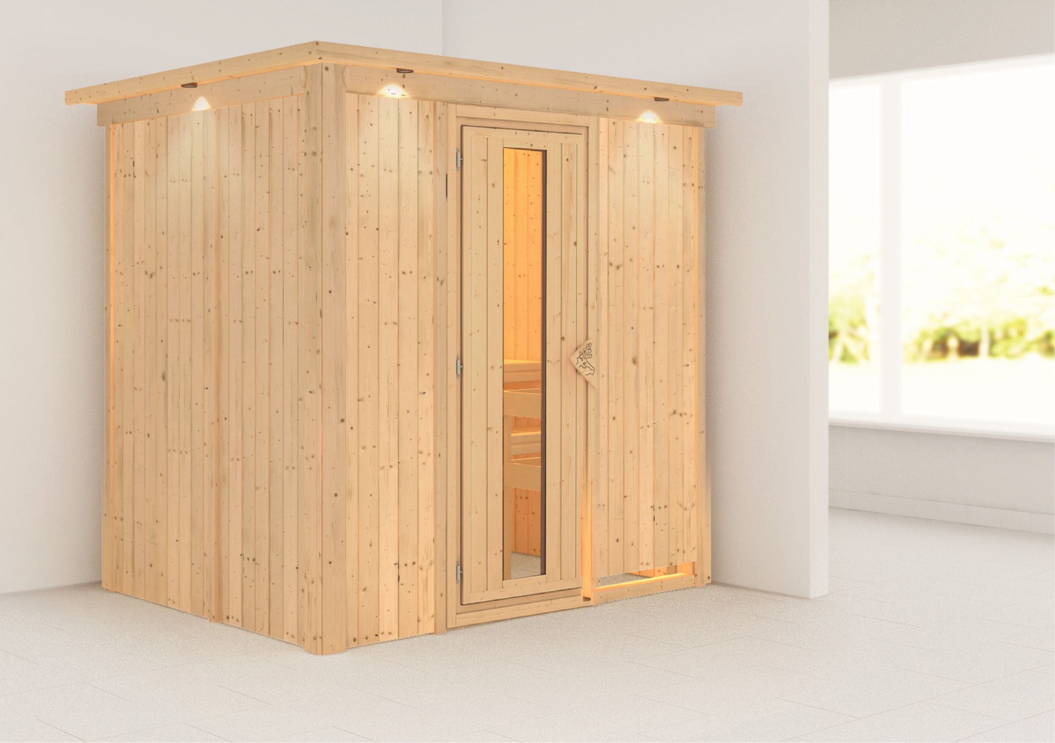 Außenansicht der Karibu Sauna Fanja aus nordischer Fichte mit isolierter Holztür und Fronteinstieg