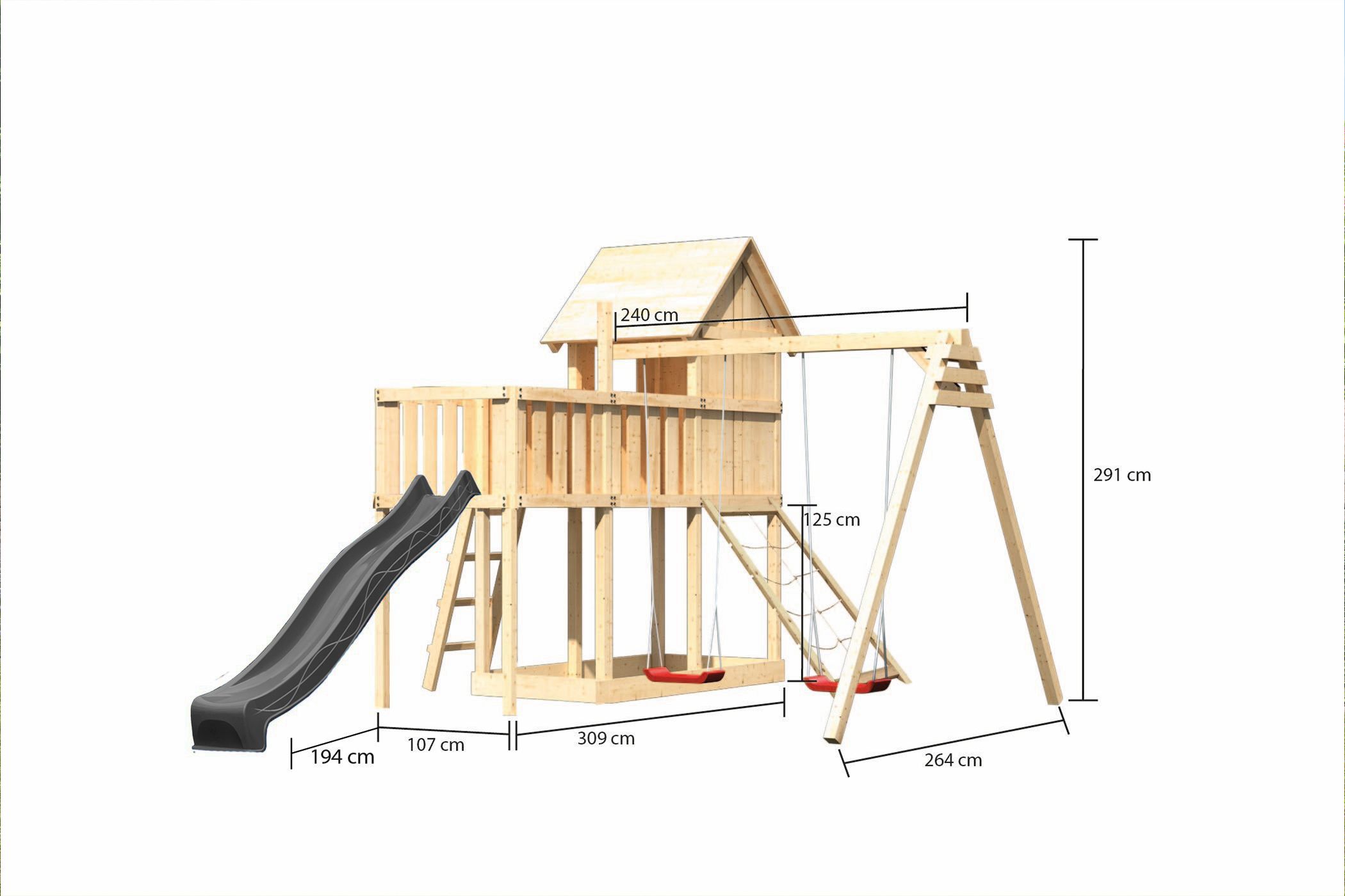 Maßzeichnung eines Karibu Spielgeräts aus Holz mit Bemaßung von Grundfläche und Höhe