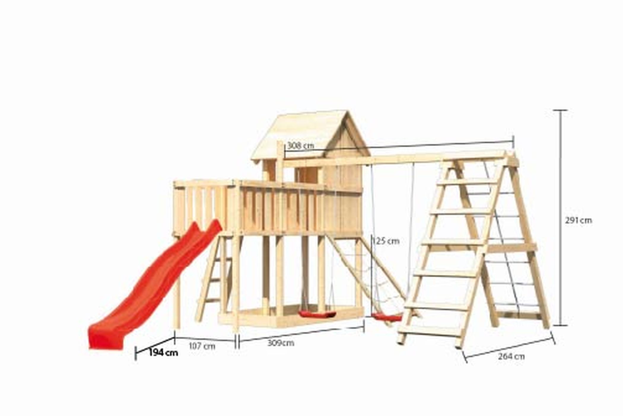 Maßzeichnung des AKUBI Kinderspielhaus Frieda mit Bemaßung von Grundfläche und Höhe