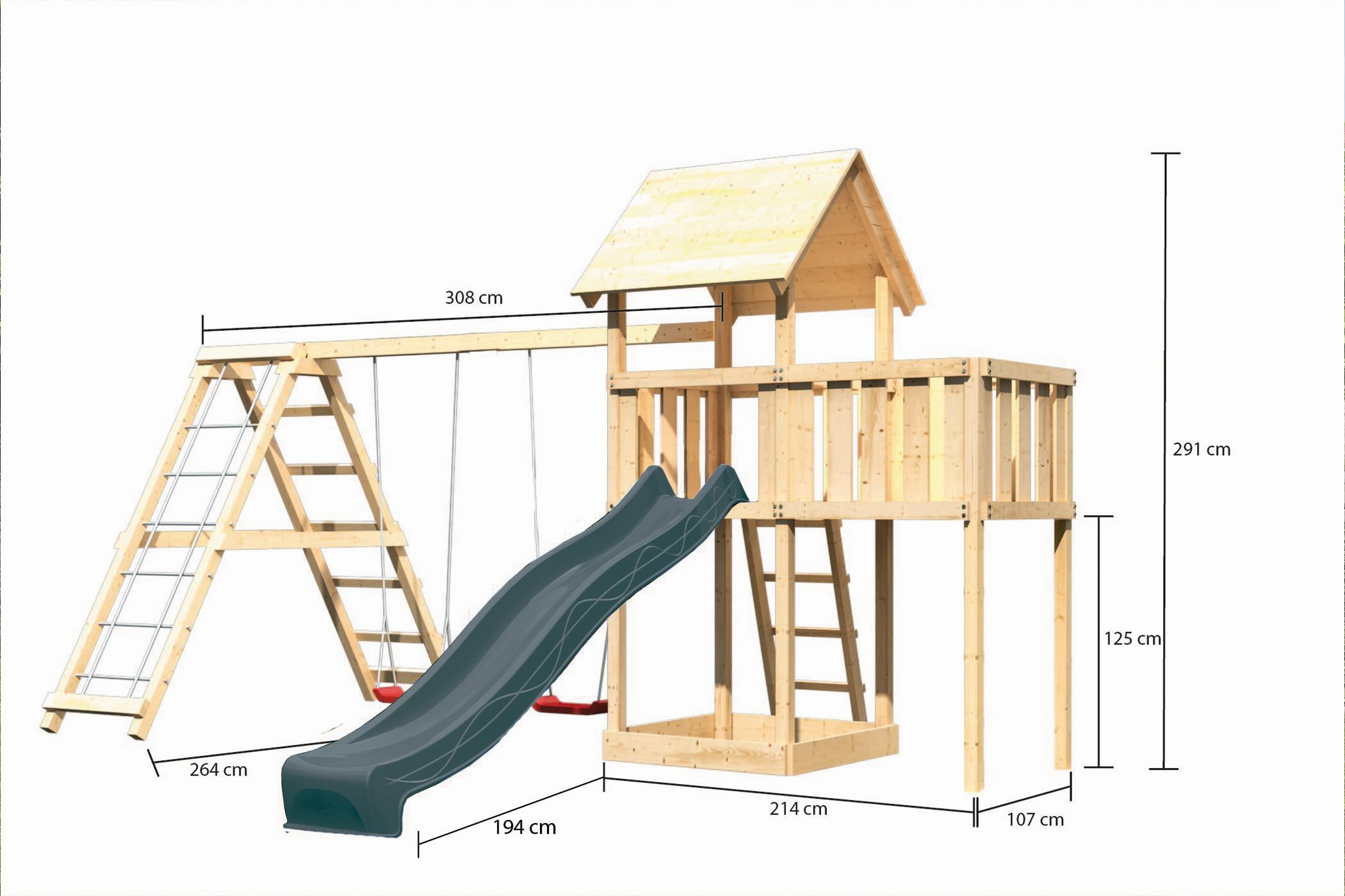 Maßzeichnung eines Karibu Spielgeräts aus Holz mit Bemaßung von Grundfläche und Höhe