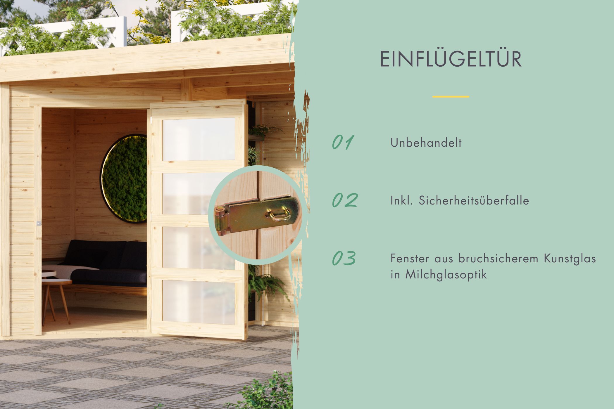 Doppelflügeltür des Karibu großes Gerätehaus Mühlentrup 2 mit Zylinderschloss und Kunstglas