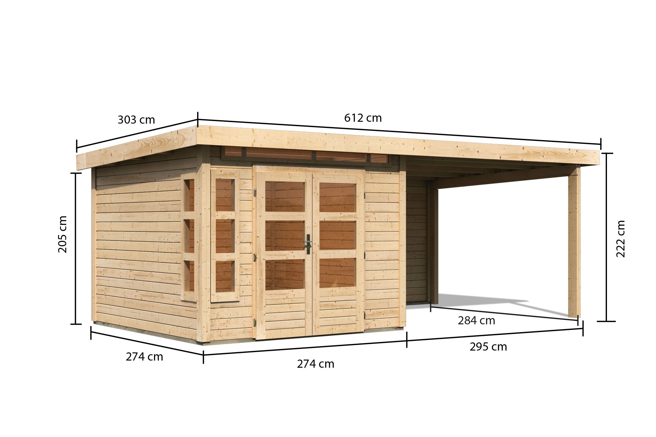 Bemaßte Maßzeichnung des Karibu Gartenhaus Kastorf 6, 274 × 274 cm