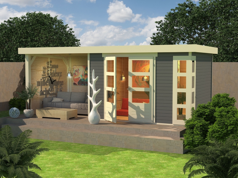 Karibu großes Gerätehaus Kerko 5 in Terragrau und Anbaudach im Garten
