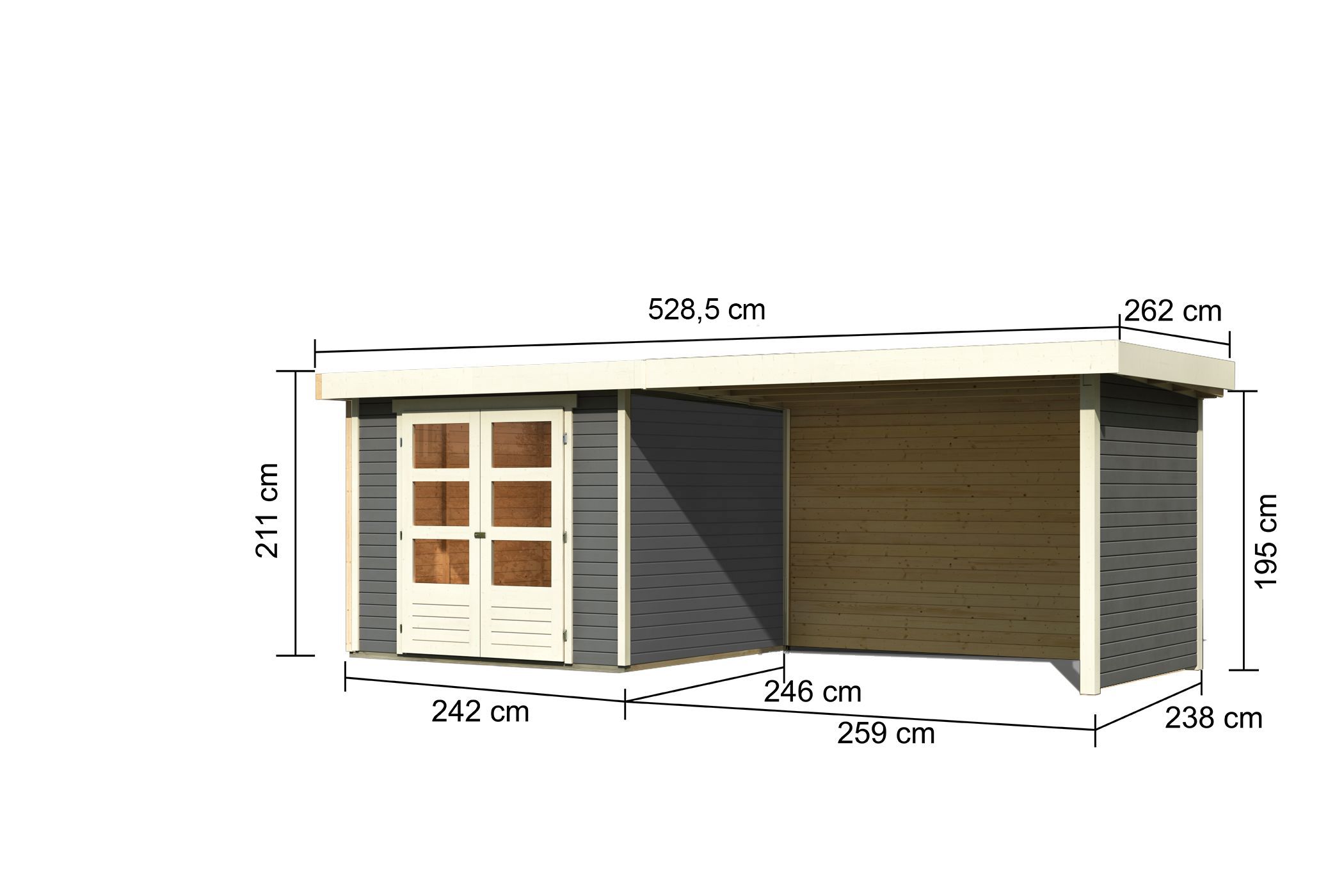 Bemaßte Maßzeichnung des Karibu Gerätehaus Askola 3,5 mit Anbaudach, 528 × 262 cm