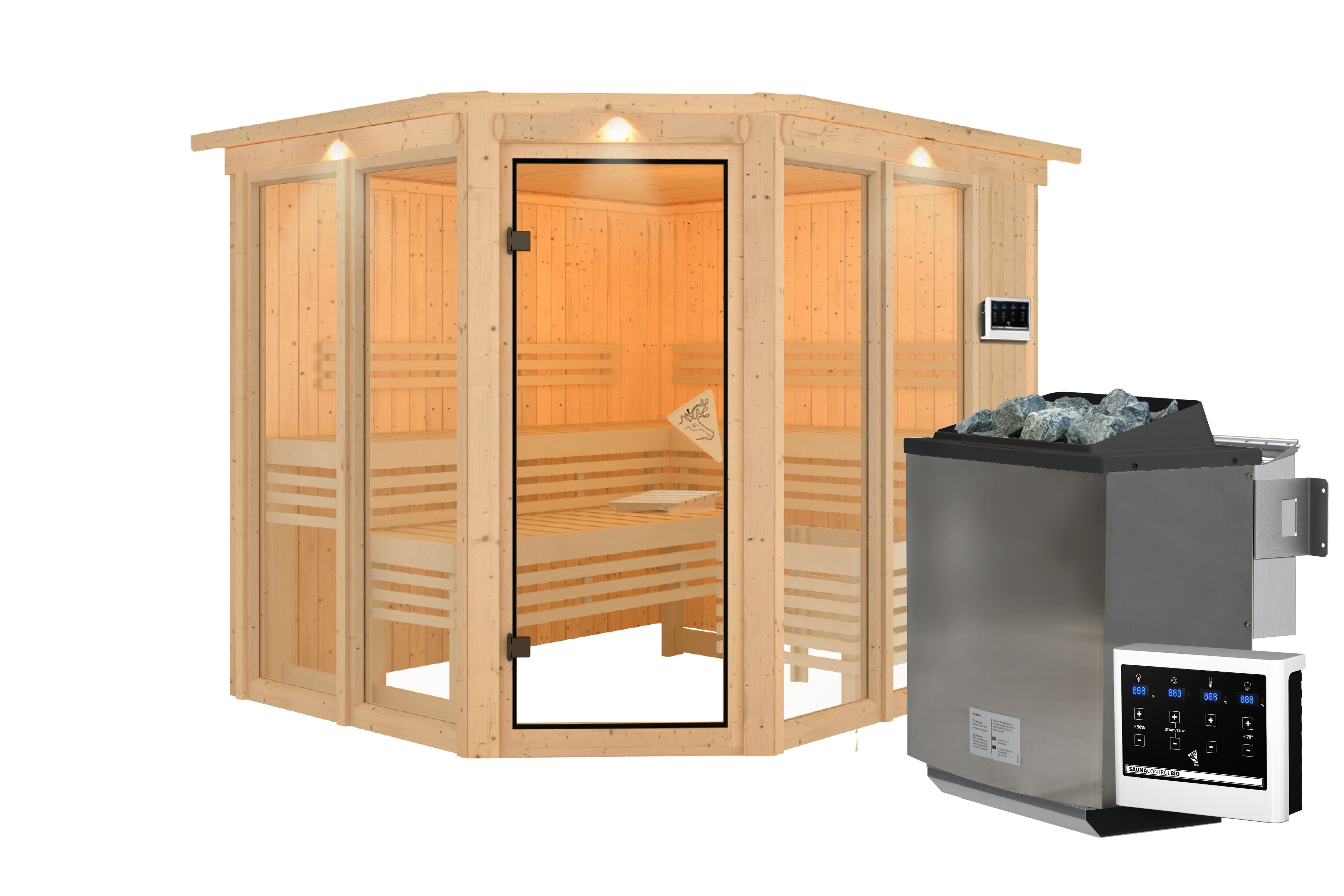 Innenansicht der Karibu Sauna Ainur mit Liegen und Kopfstütze aus hellem Espenholz
