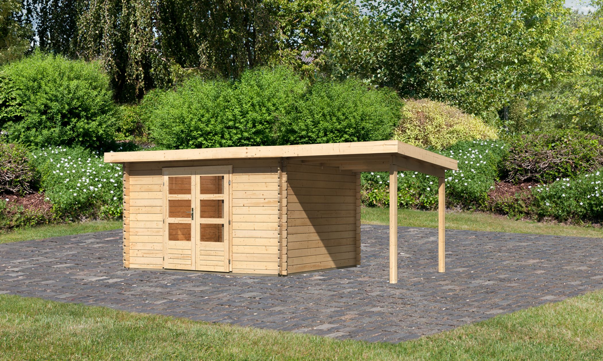 Karibu Gartenhaus Bastrup 7 in Naturbelassen und Anbaudach, Außenansicht