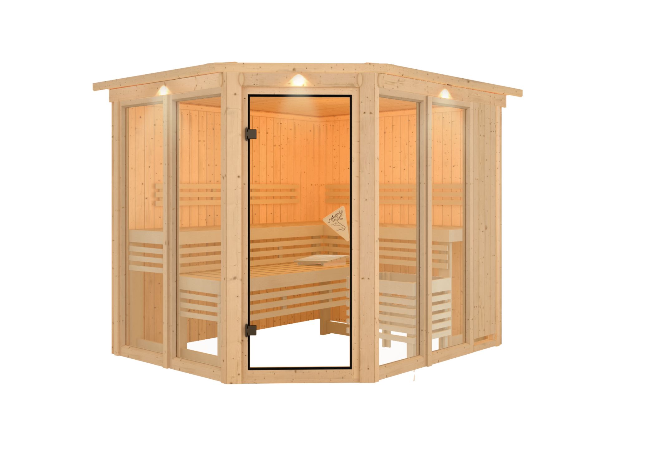 Innenansicht der Karibu Sauna Ainur mit Liegen und Kopfstütze aus hellem Espenholz