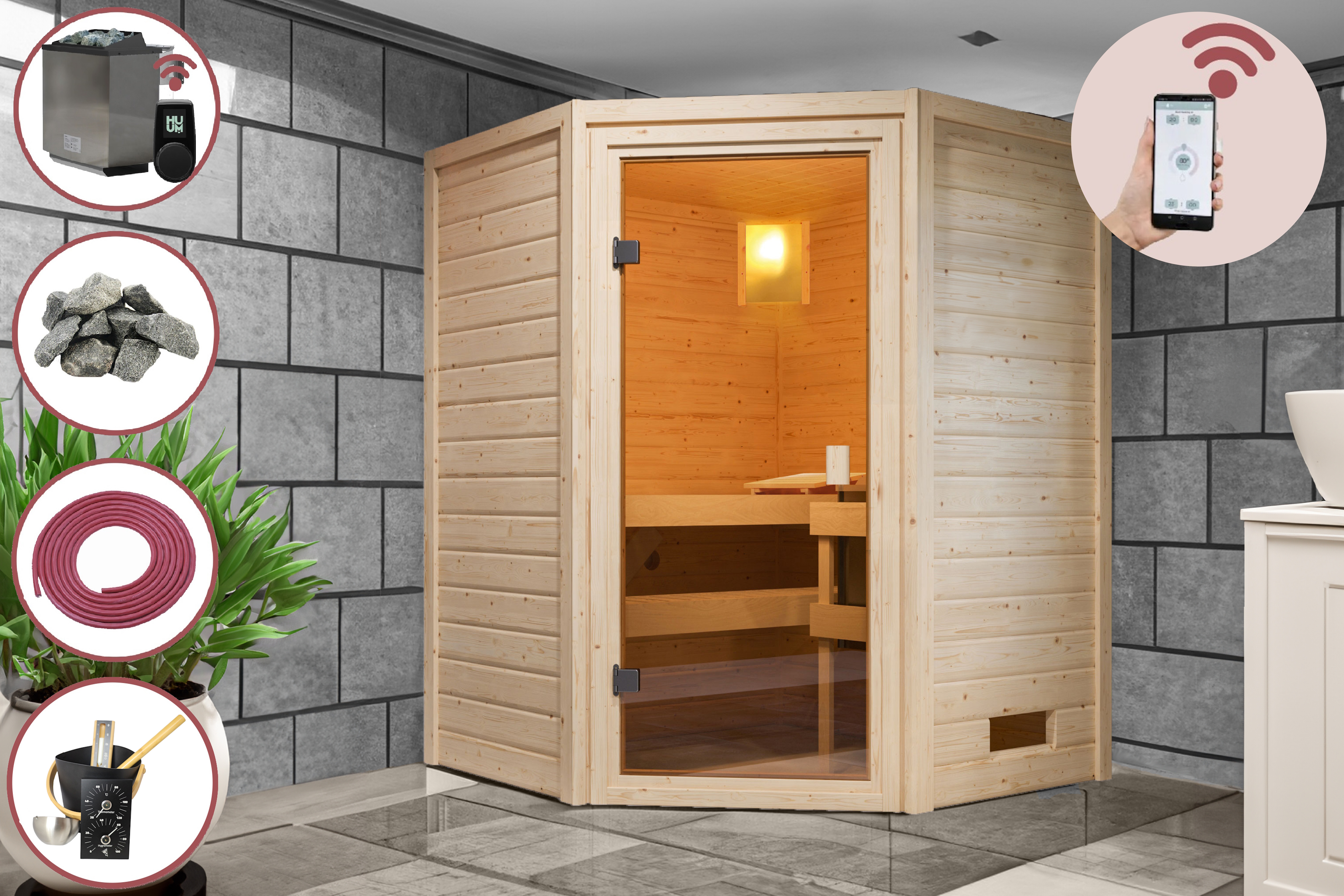 Sauna Mila 2 im Sparset / 9kW Bio-Ofen mit HUUM Wifi Steuerung