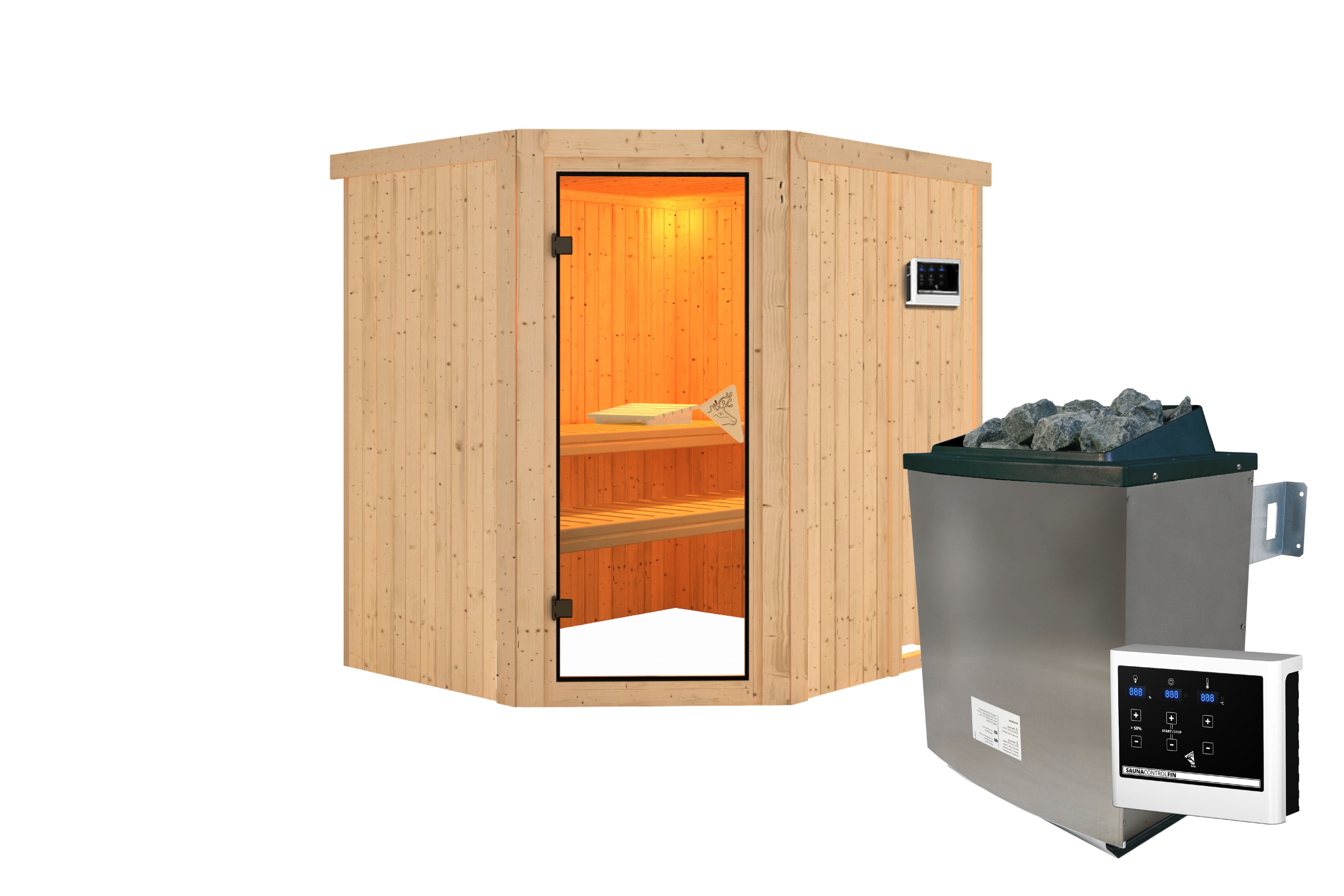 Innenansicht der Karibu Sauna Siirin mit Liegen und Kopfstütze aus hellem Espenholz