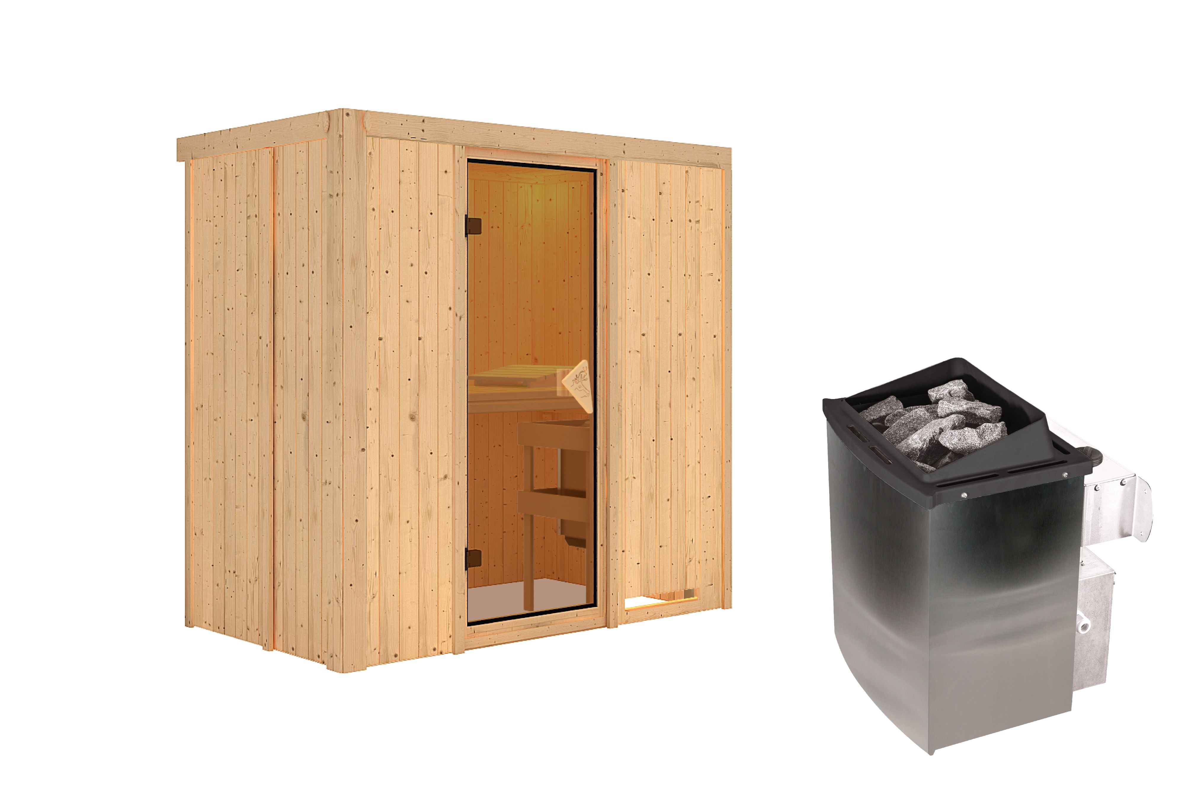 Innenansicht der Karibu Sauna Variado mit Liegen und Kopfstütze aus hellem Espenholz