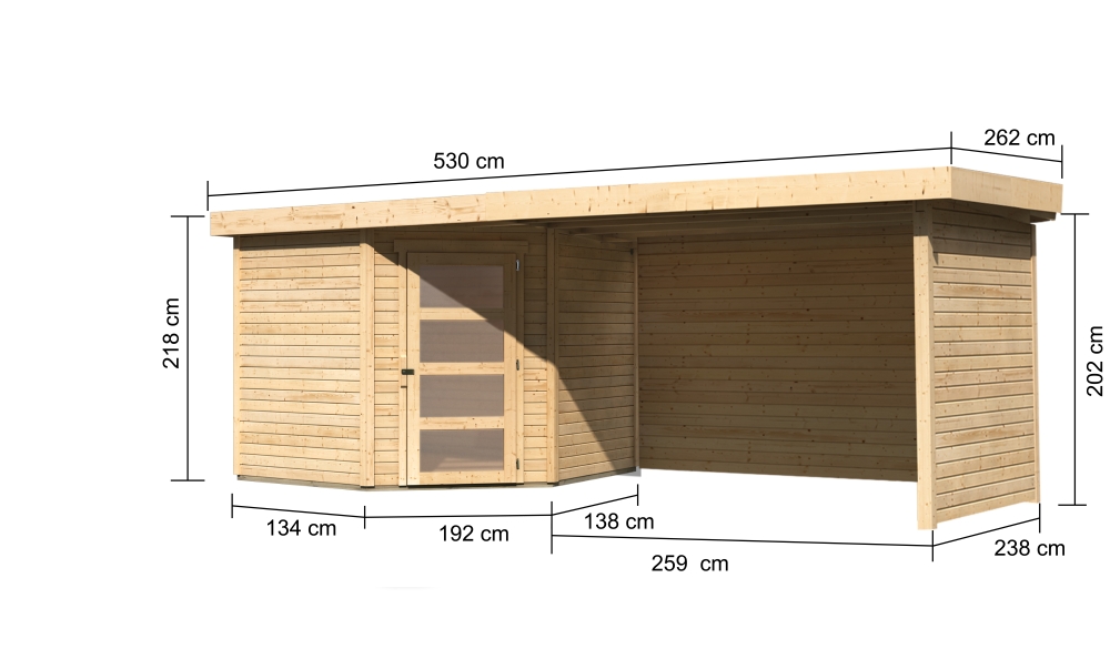 Bemaßte Maßzeichnung des Karibu Gerätehaus Schwandorf 5 mit Anbaudach, 530 × 262 cm