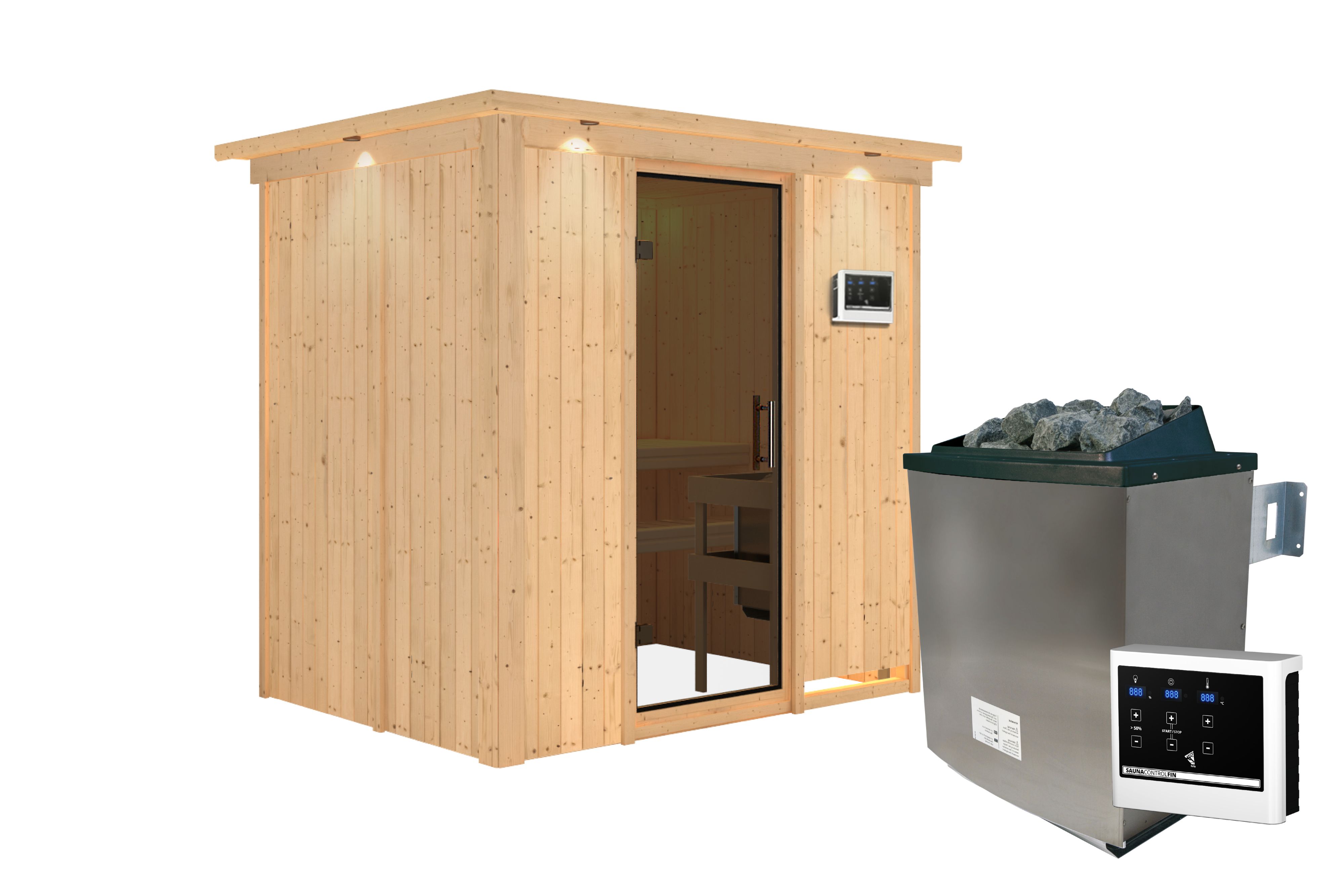 Innenansicht der Karibu Sauna Bodin mit Liegen und Kopfstütze aus hellem Espenholz