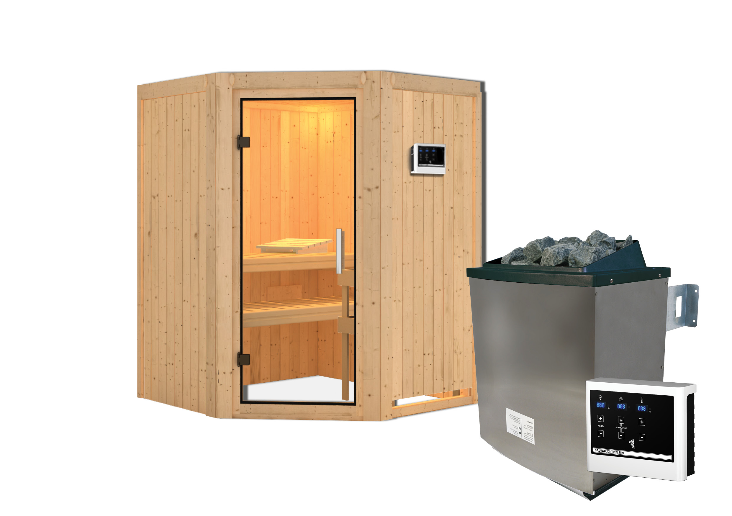 Innenansicht der Karibu Sauna Larin mit Liegen und Kopfstütze aus hellem Espenholz