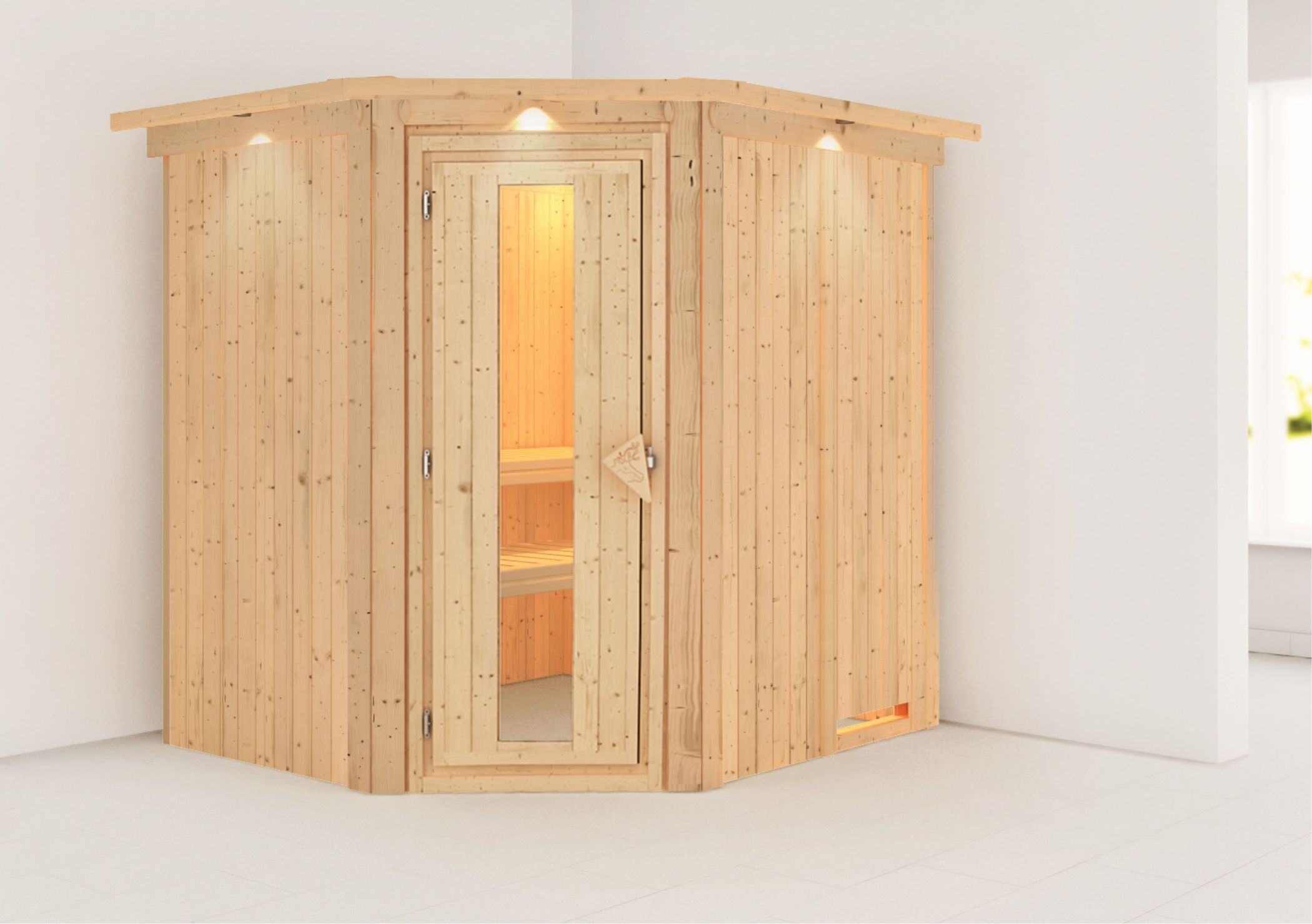 Außenansicht der Karibu Sauna Lilja aus nordischer Fichte mit isolierter Holztür und Fronteinstieg