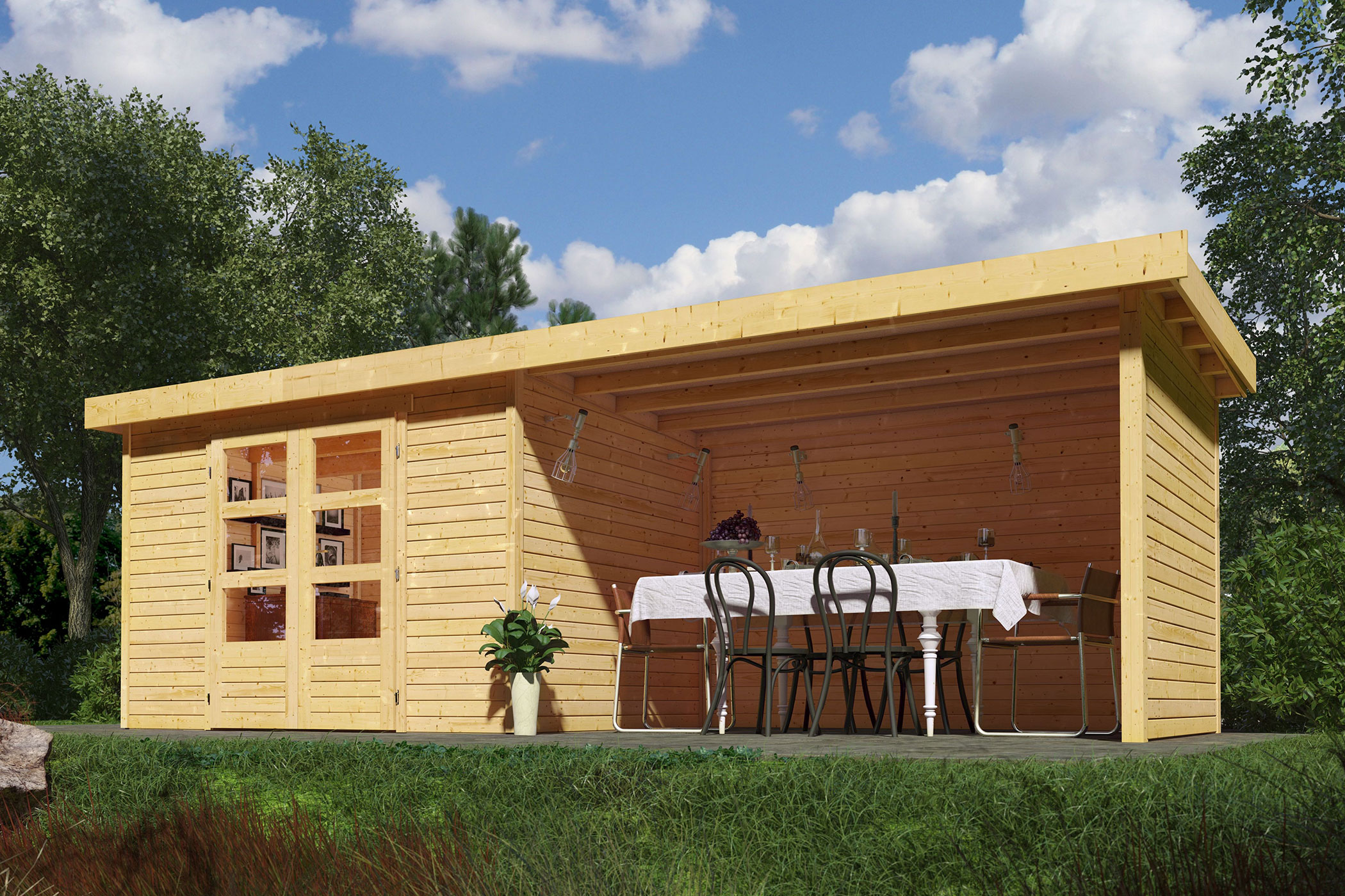 Karibu Gerätehaus Askola 3 in Naturbelassen und Anbaudach im Garten