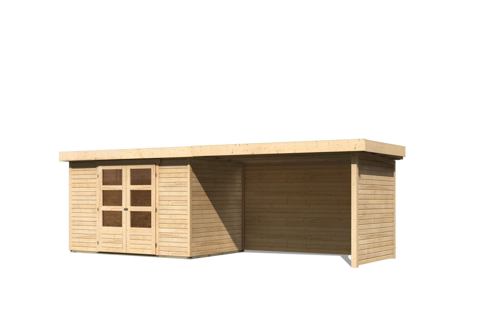 Karibu Gerätehaus Askola 4 in Naturbelassen und Anbaudach, Freisteller