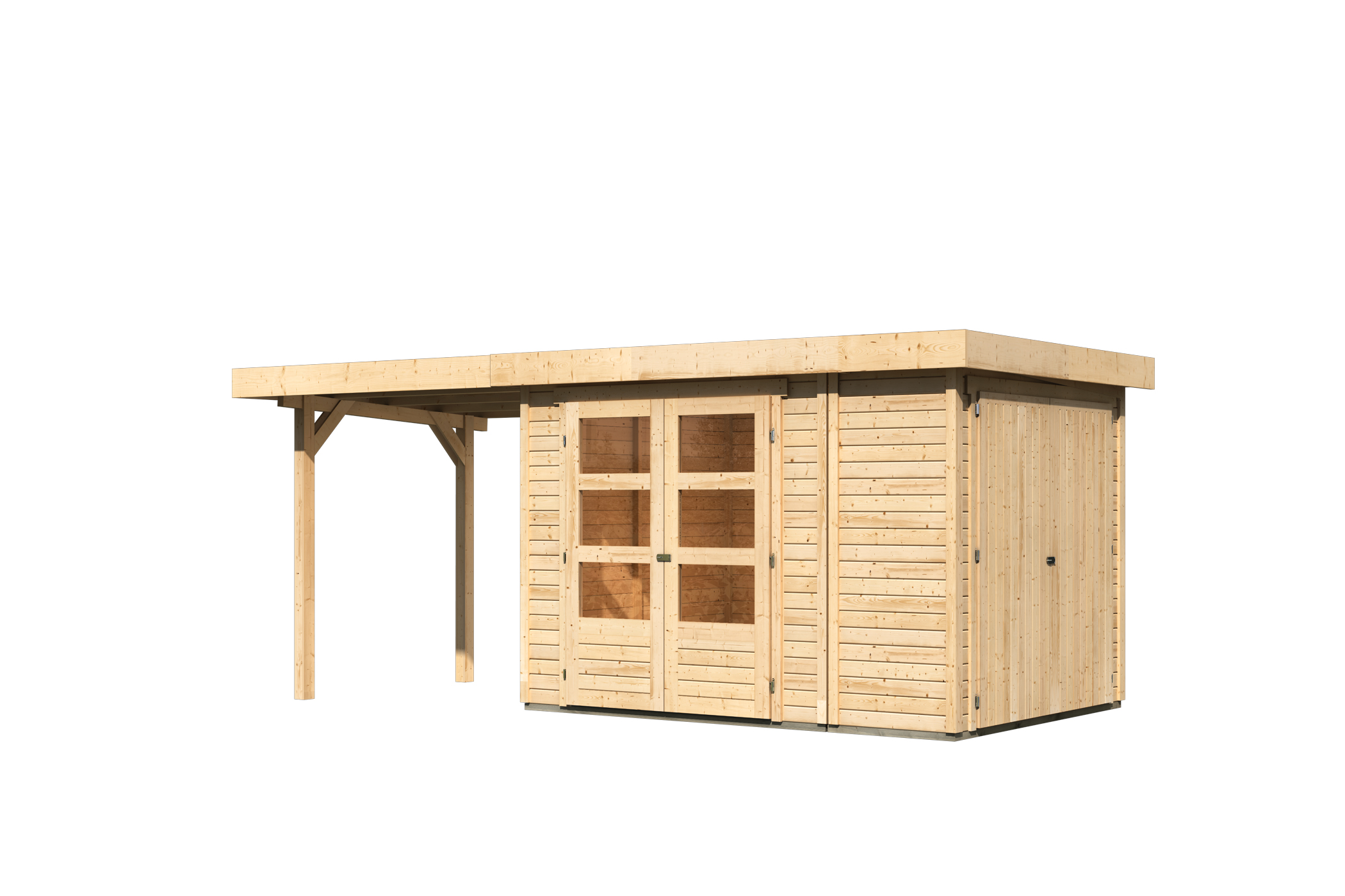 Karibu Gerätehaus Retola 2 in Naturbelassen und Anbaudach, Freisteller