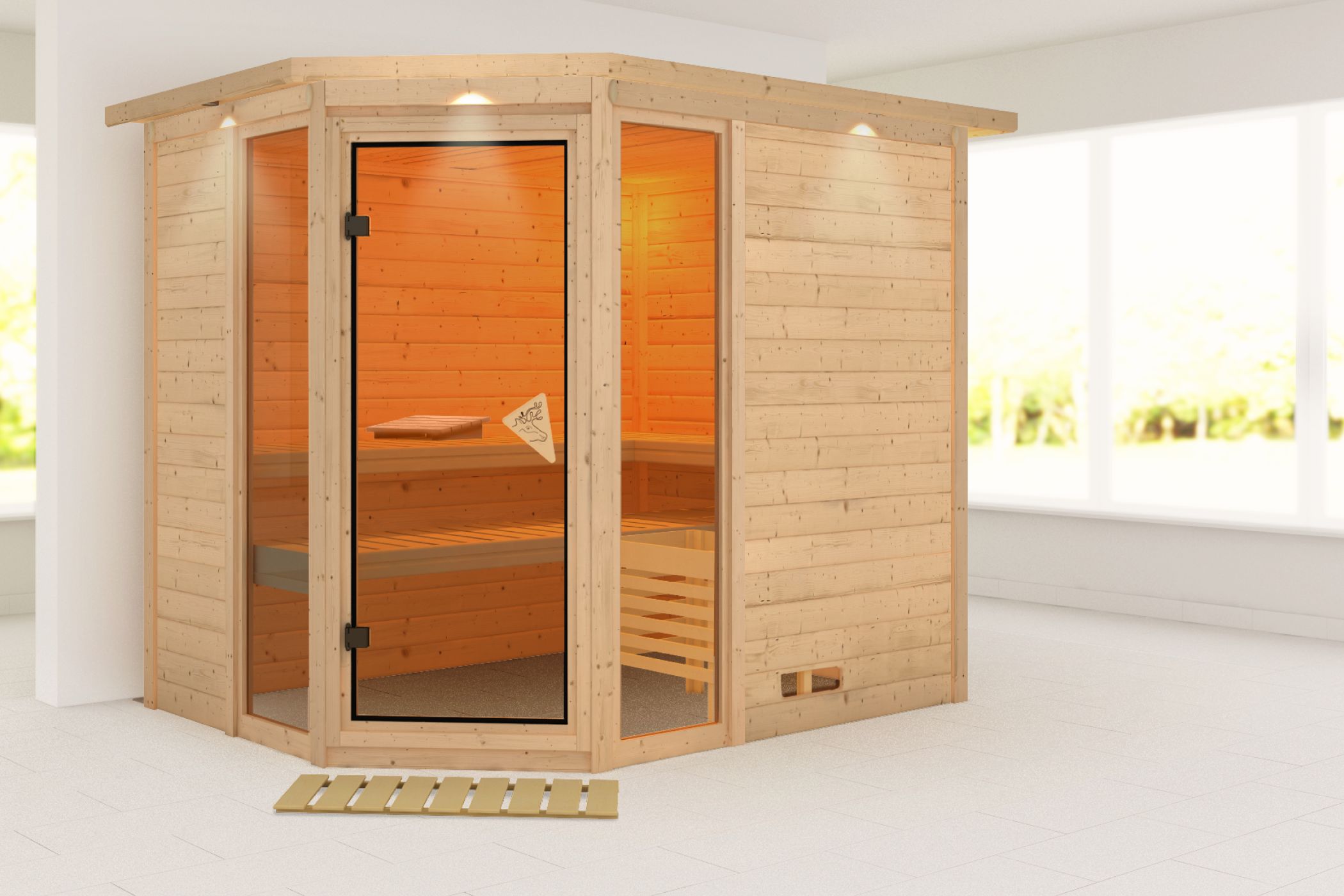 Außenansicht der Karibu Sauna Sinai 3 aus nordischer Fichte mit Ganzglastür und Fronteinstieg