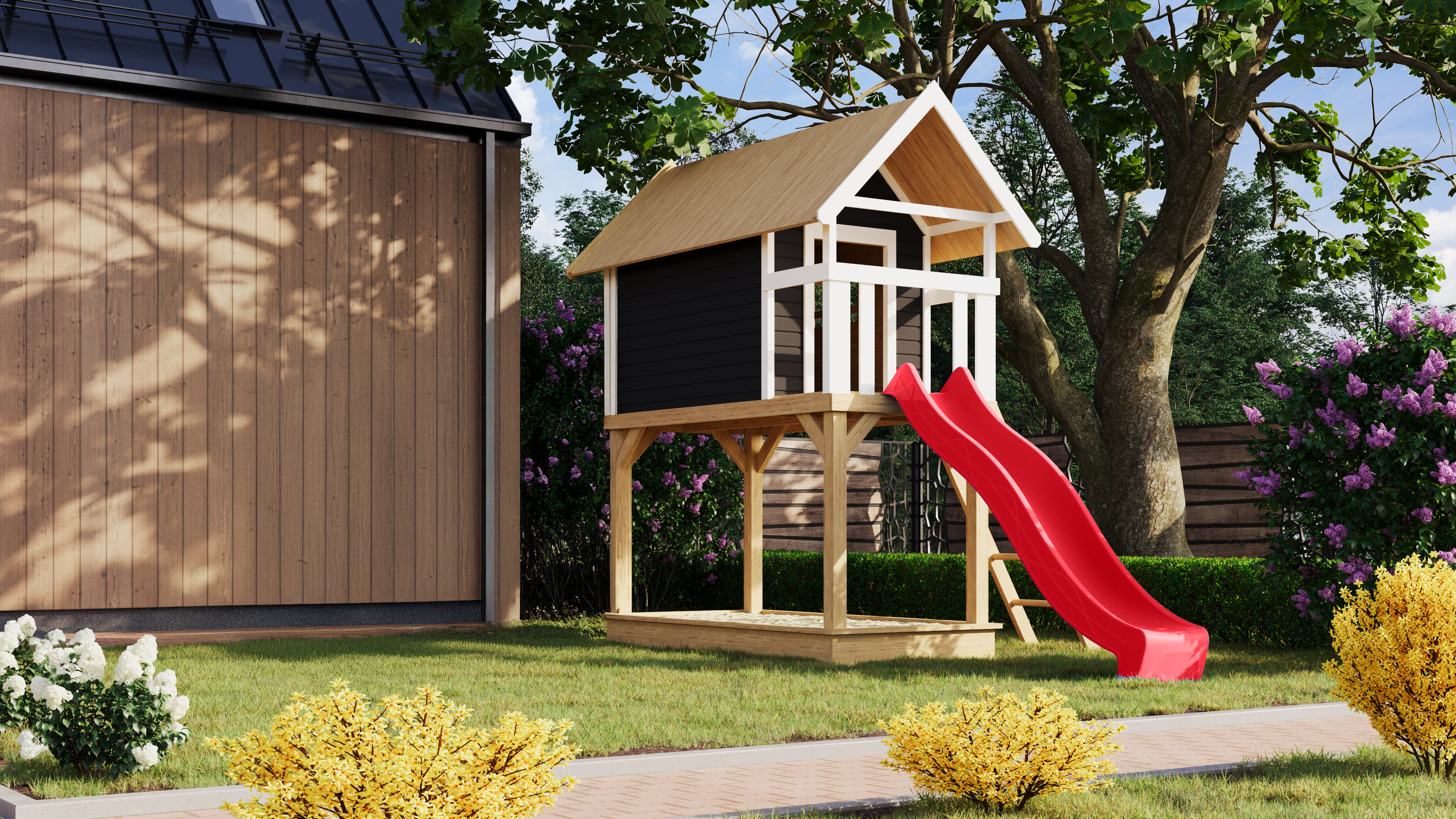 Stelzenhaus Gernegroß terragrau mit Rutsche rot / Lagerabverkauf Stelzenhaus Gernegroß terragrau mit Rutsche rot / Lagerabverkauf