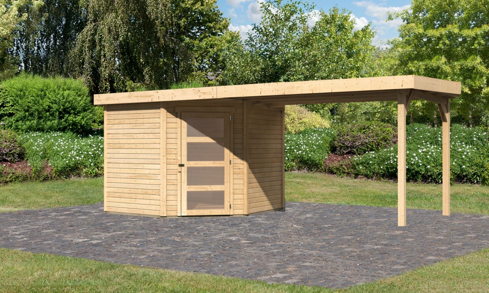 Karibu Gerätehaus Schwandorf 5 in Naturbelassen und Anbaudach, Außenansicht