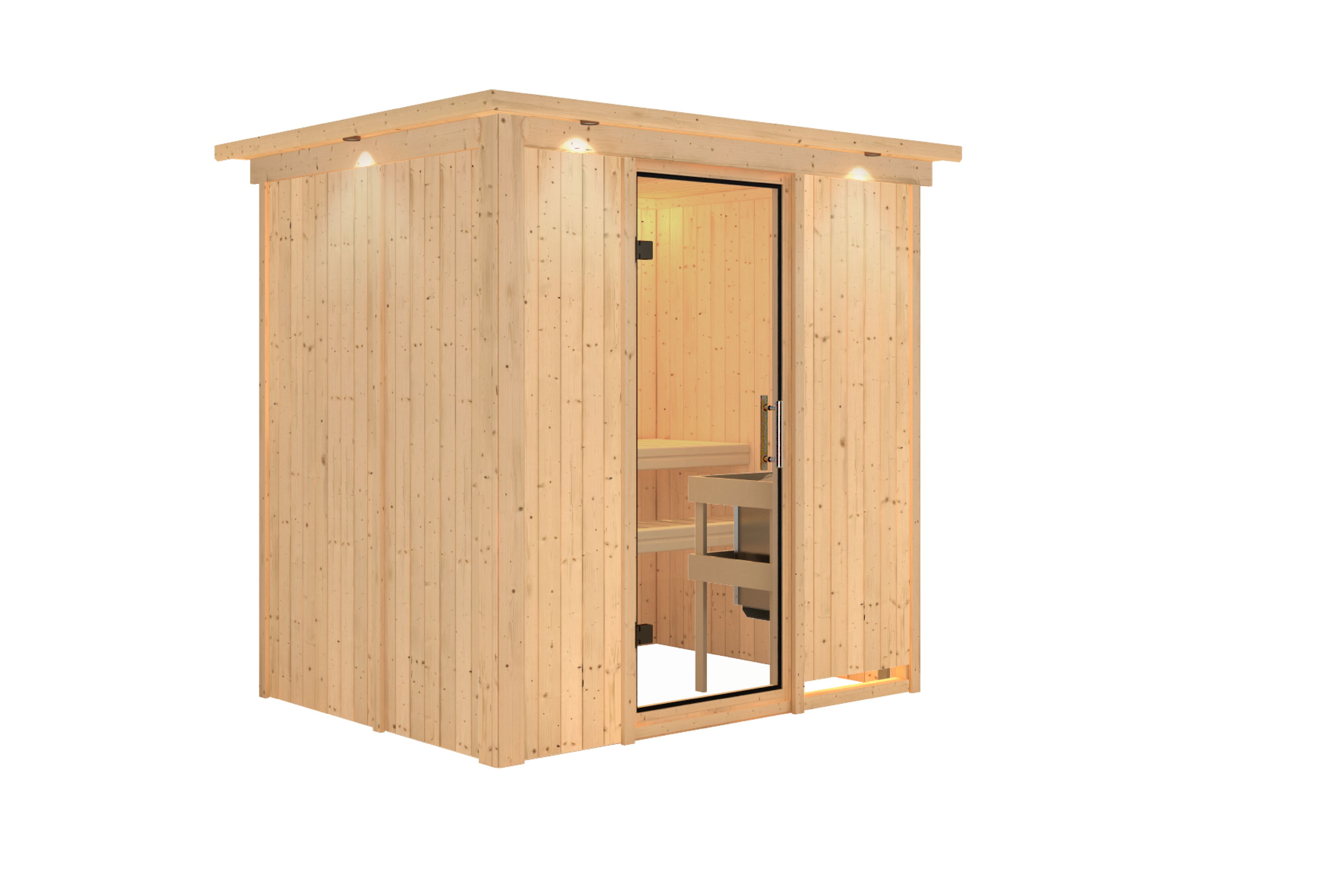 Innenansicht der Karibu Sauna Bodin mit Liegen und Kopfstütze aus hellem Espenholz