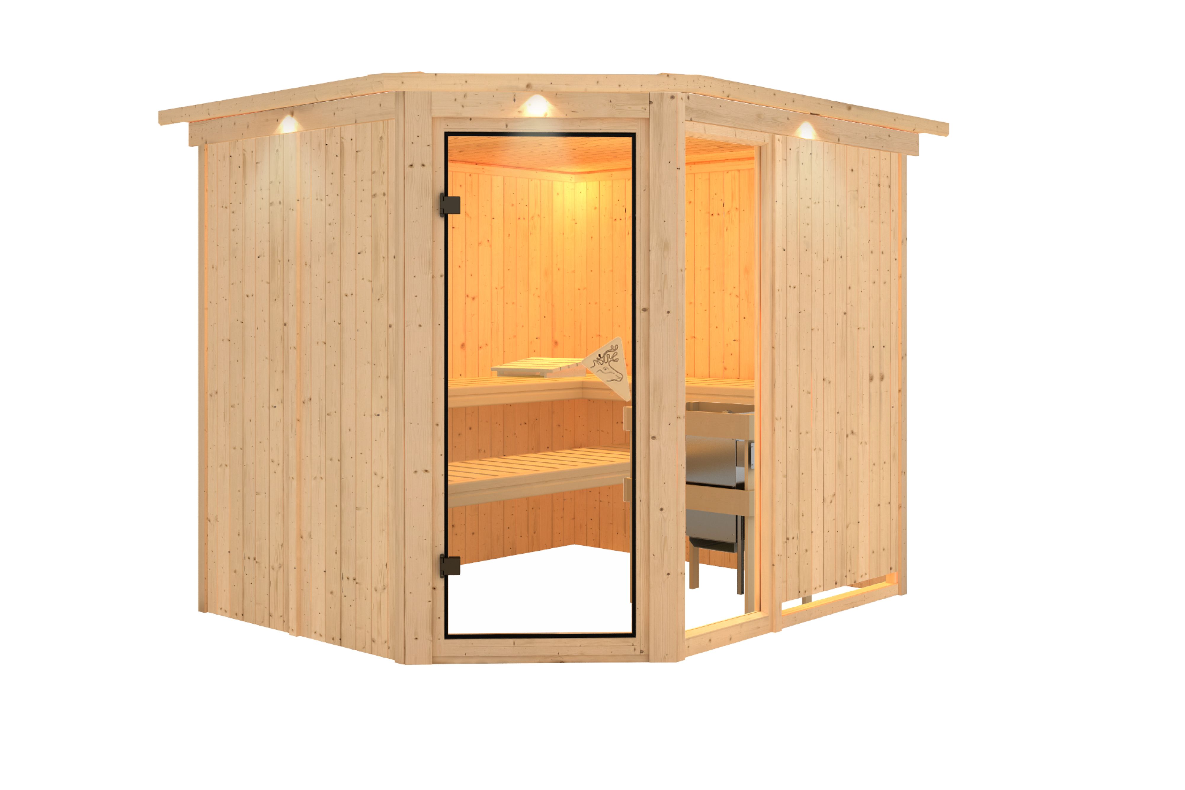 Innenansicht der Karibu Sauna Fiona 3 mit Liegen und Kopfstütze aus hellem Espenholz