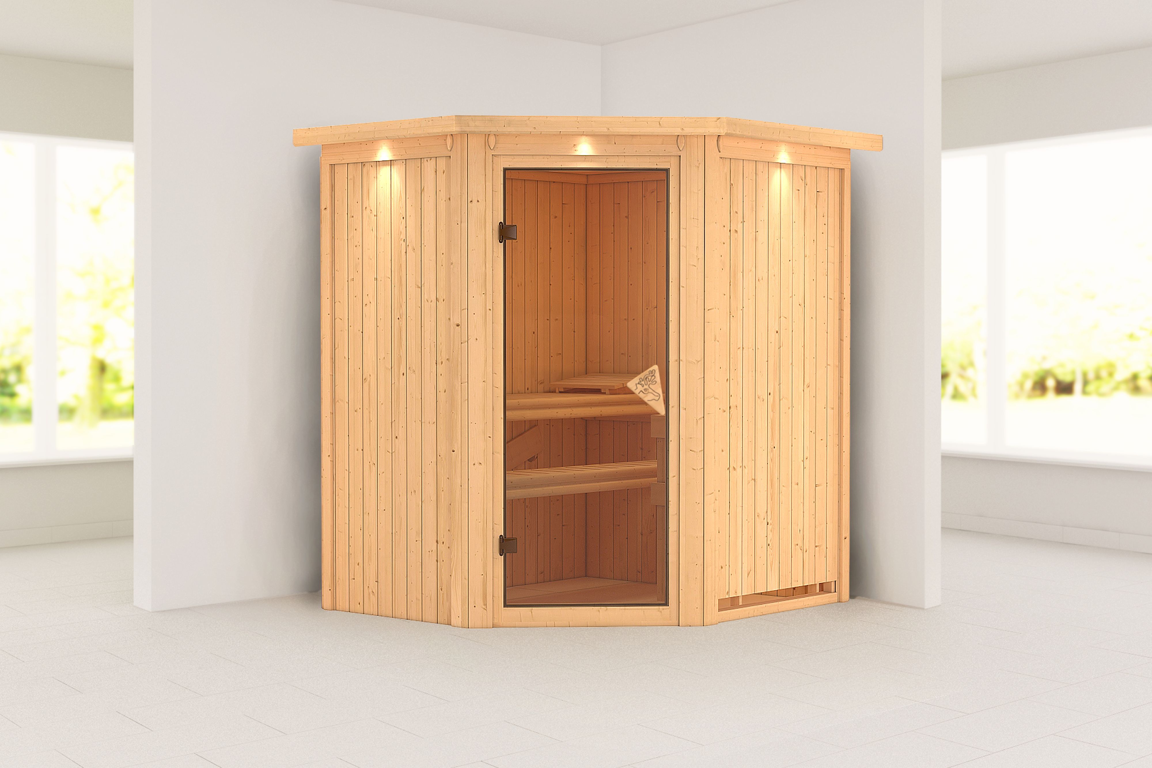 Außenansicht der Karibu Sauna Taurin aus nordischer Fichte mit bronzierter Ganzglastür und Fronteinstieg