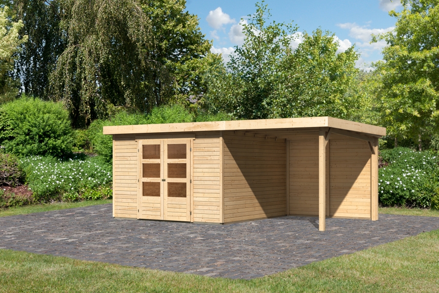 Karibu großes Gerätehaus Askola 6 in Naturbelassen und Anbaudach, Außenansicht