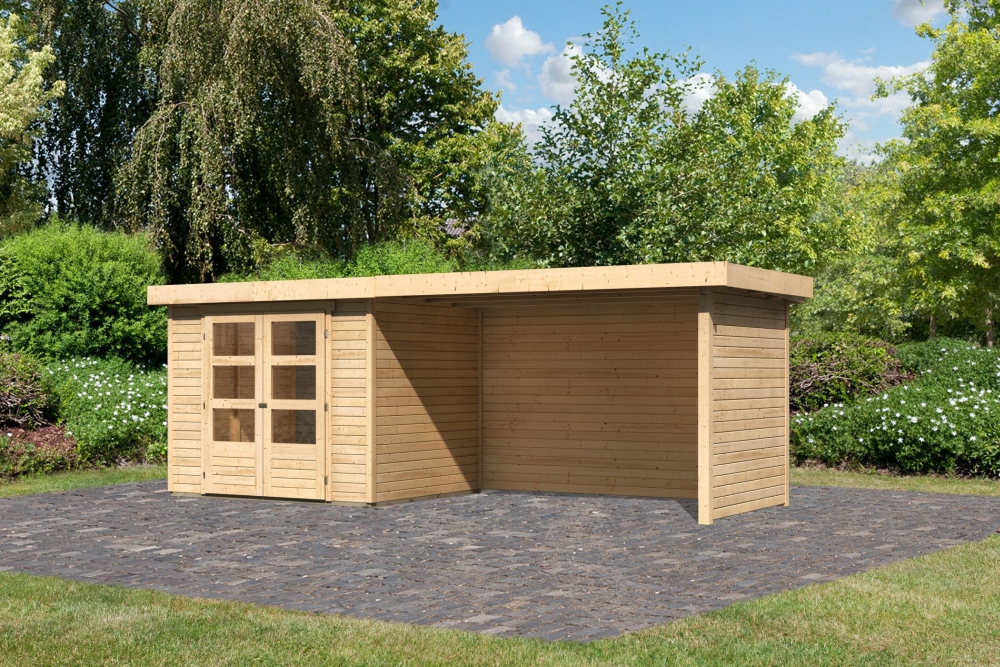 Karibu Gerätehaus Askola 3 in Naturbelassen und Anbaudach, Außenansicht