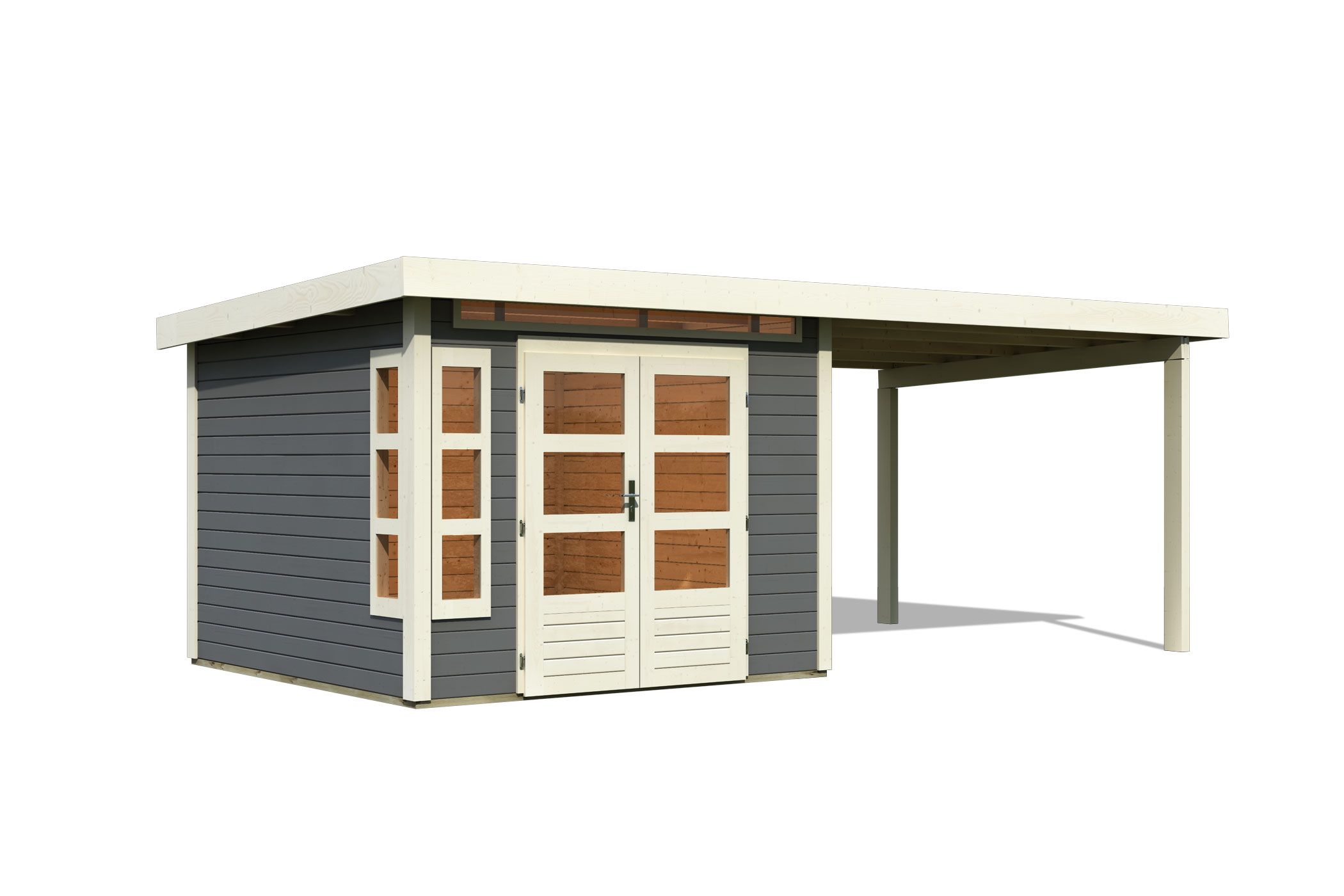 Karibu Gartenhaus Kastorf 6 in Terragrau und Anbaudach, Freisteller