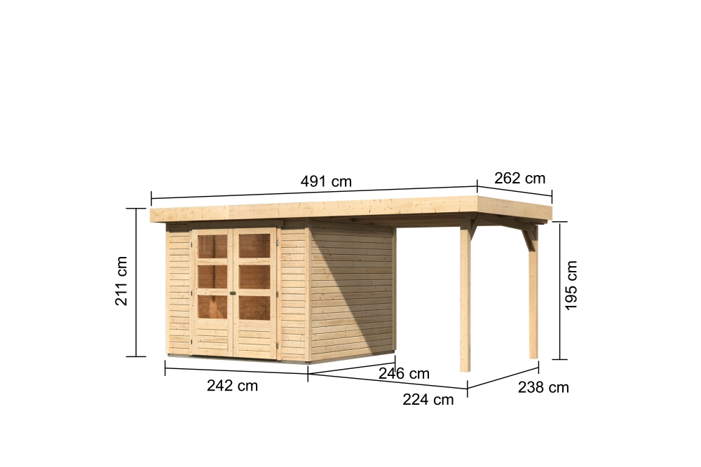 Bemaßte Maßzeichnung des Karibu Gerätehaus Askola 3,5 mit Anbaudach, 491 × 262 cm