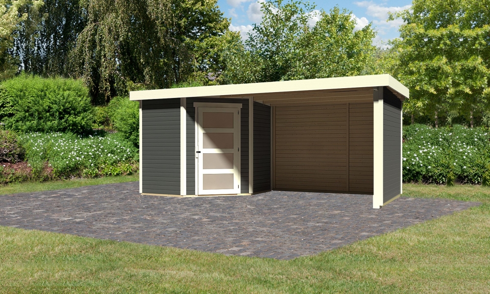 Karibu Gerätehaus Schwandorf 3 in Terragrau und Anbaudach, Außenansicht