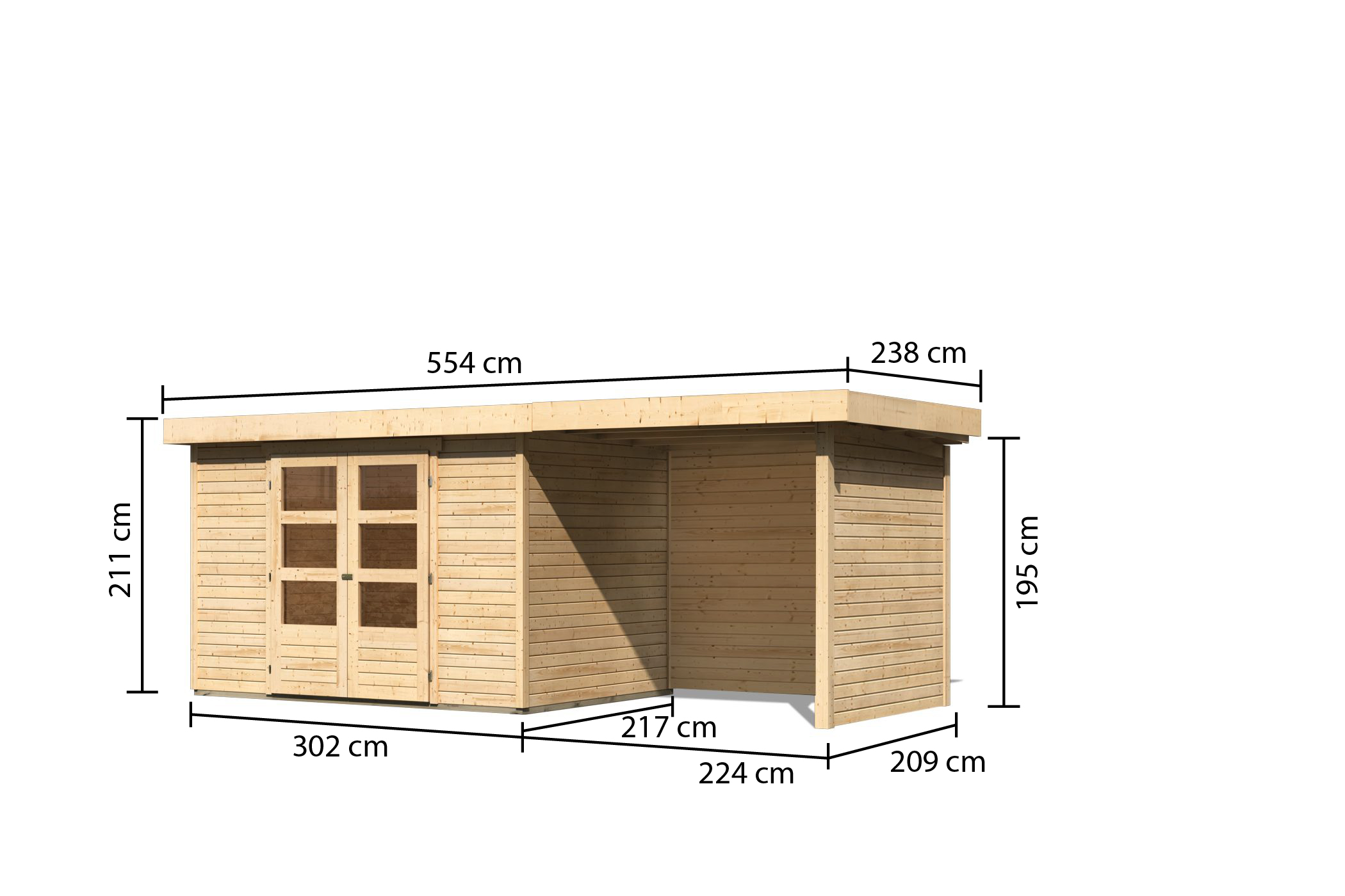 Bemaßte Maßzeichnung des Karibu Gerätehaus Askola 4 mit Anbaudach, 554 × 238 cm