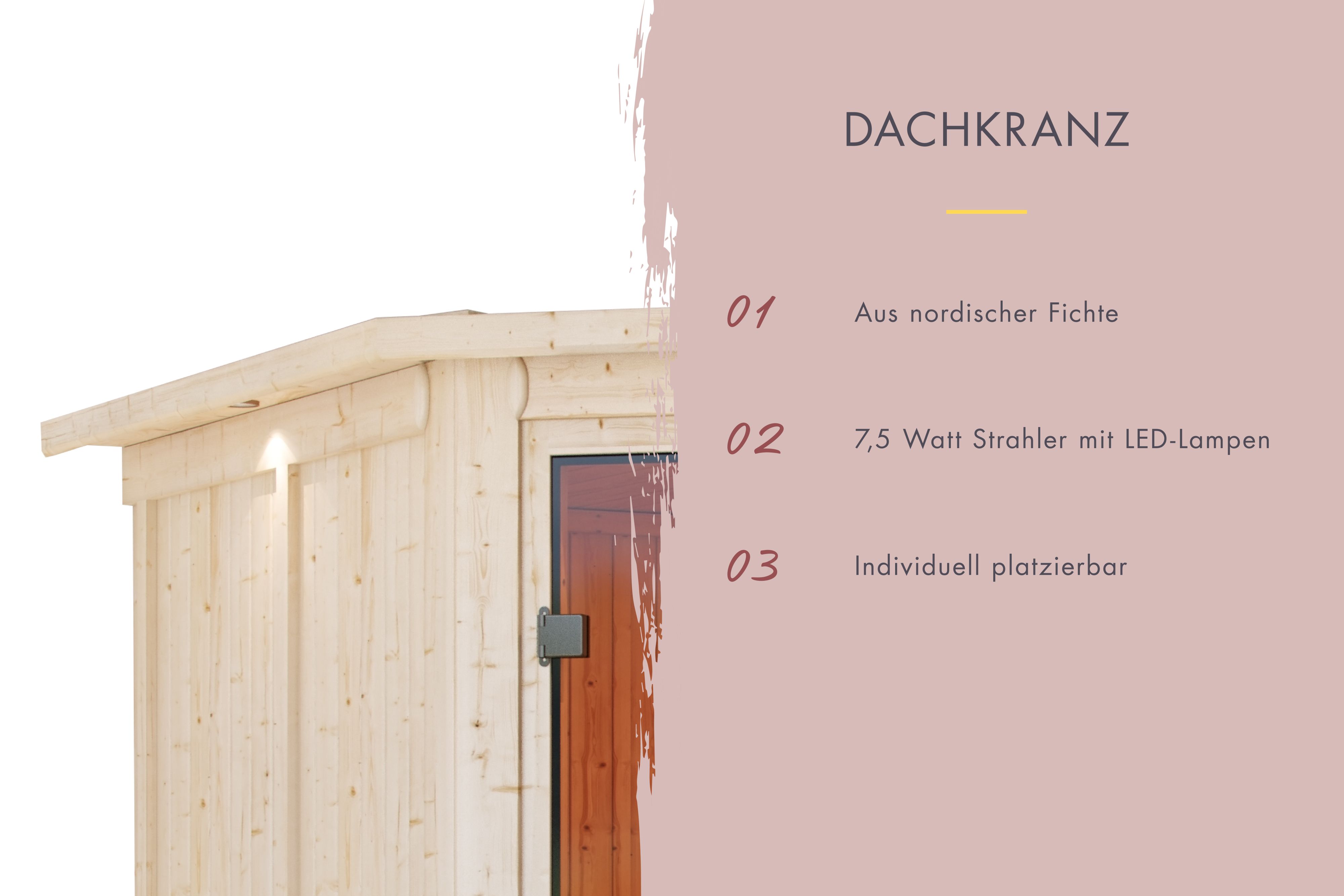 Wandquerschnitt der 68 mm Element-Bauweise mit 42 mm Mineraldämmwolle und Softline-Profilholz