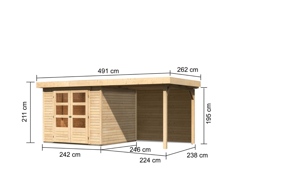 Bemaßte Maßzeichnung des Karibu Gerätehaus Askola 3,5 mit Anbaudach, 491 × 262 cm