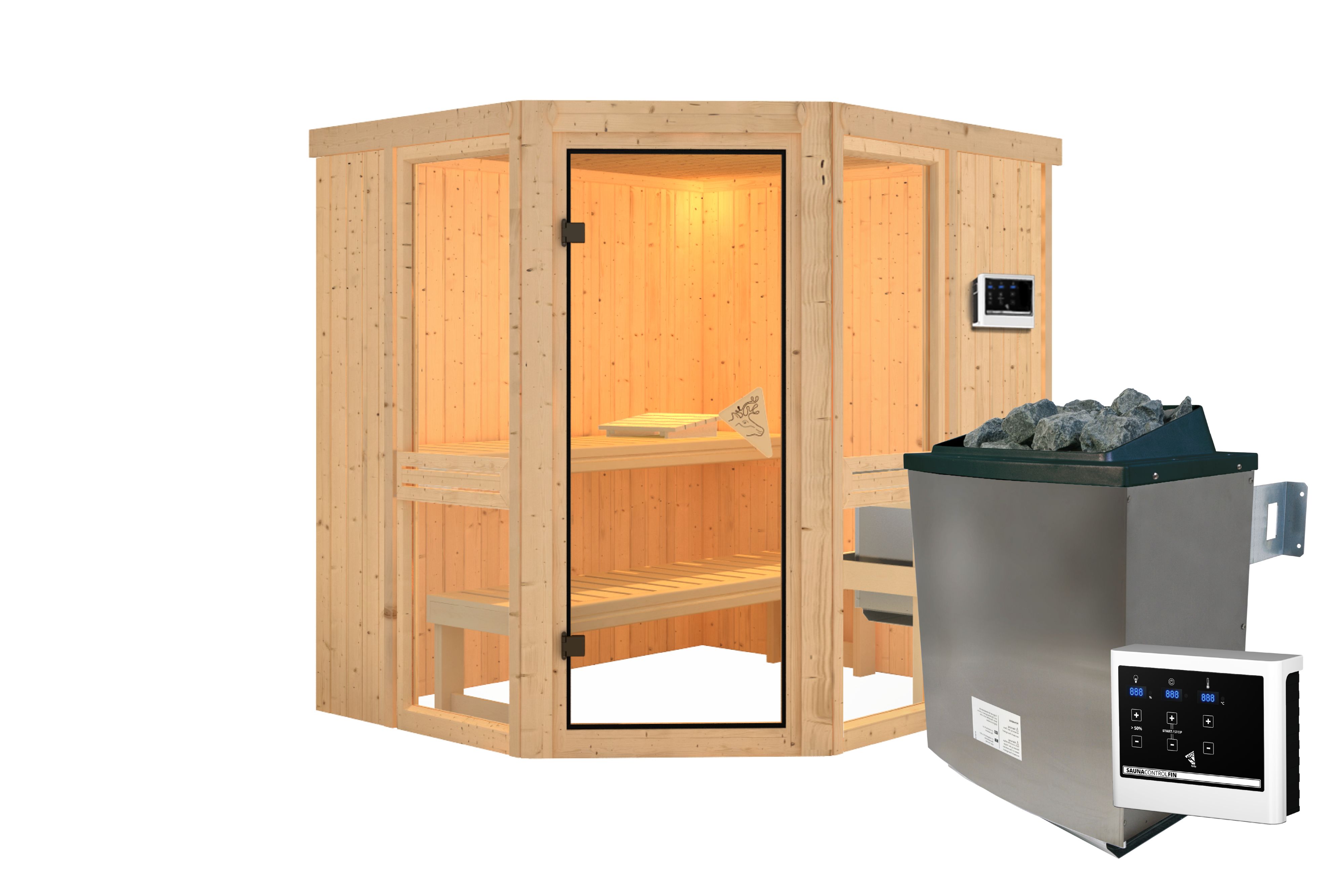 Innenansicht der Karibu Sauna Amelia 1 mit Liegen und Kopfstütze aus hellem Espenholz
