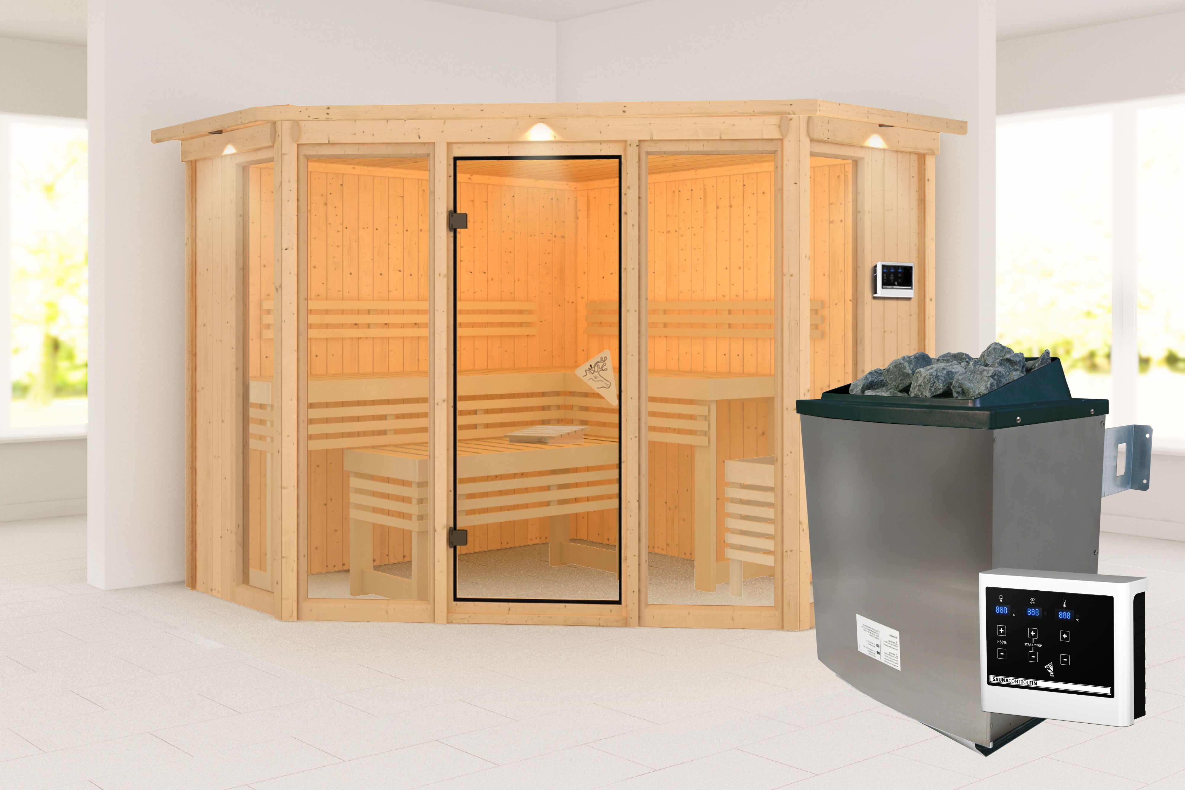 Außenansicht der Karibu Sauna Alcinda aus nordischer Fichte mit Ganzglastür und Fronteinstieg