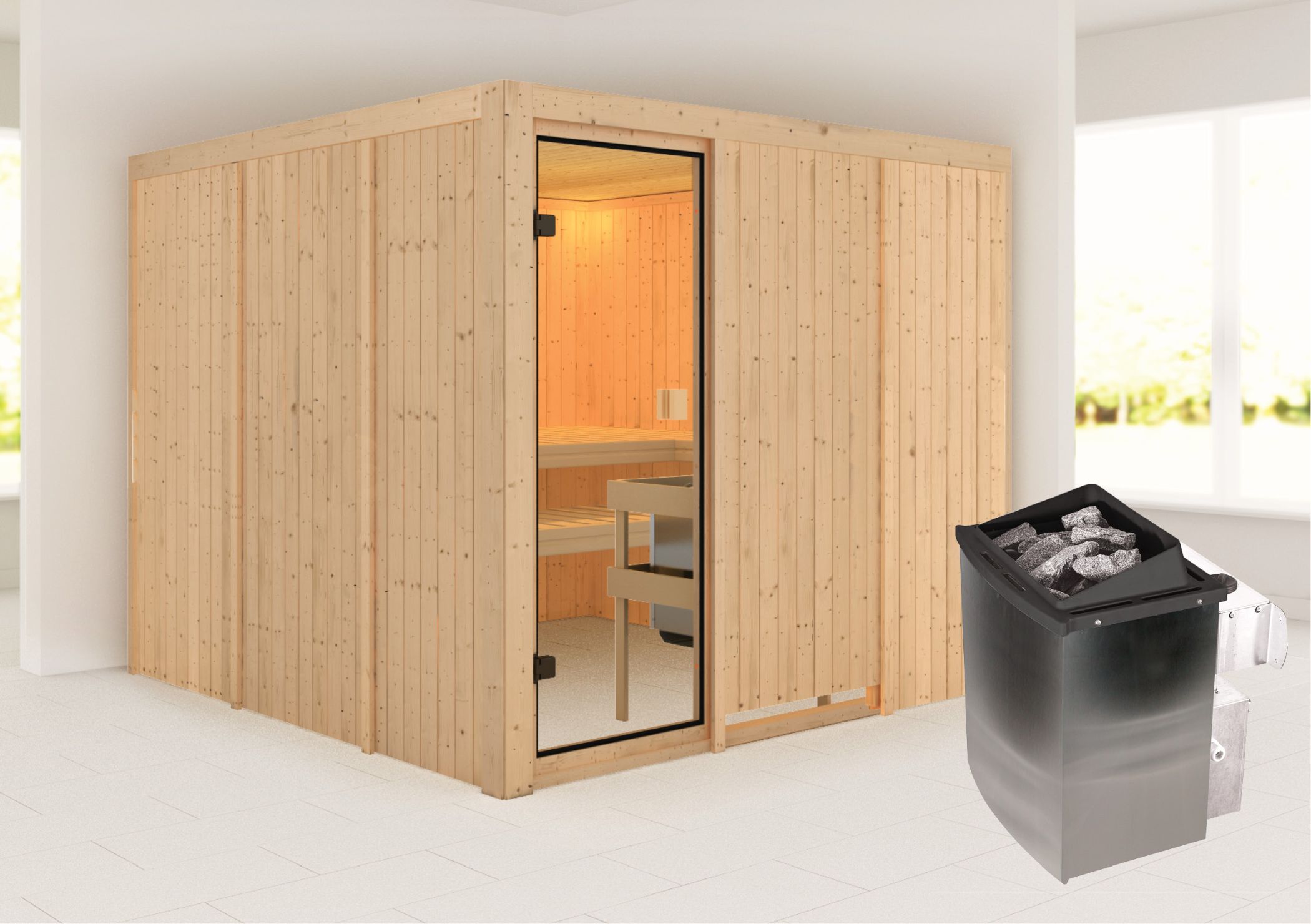 Außenansicht der Karibu Sauna Arvika aus nordischer Fichte mit Ganzglastür und Fronteinstieg