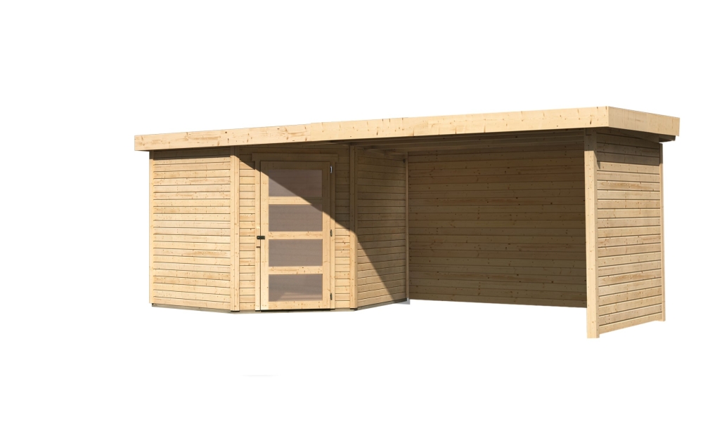 Karibu Gerätehaus Schwandorf 5 in Naturbelassen und Anbaudach, Freisteller