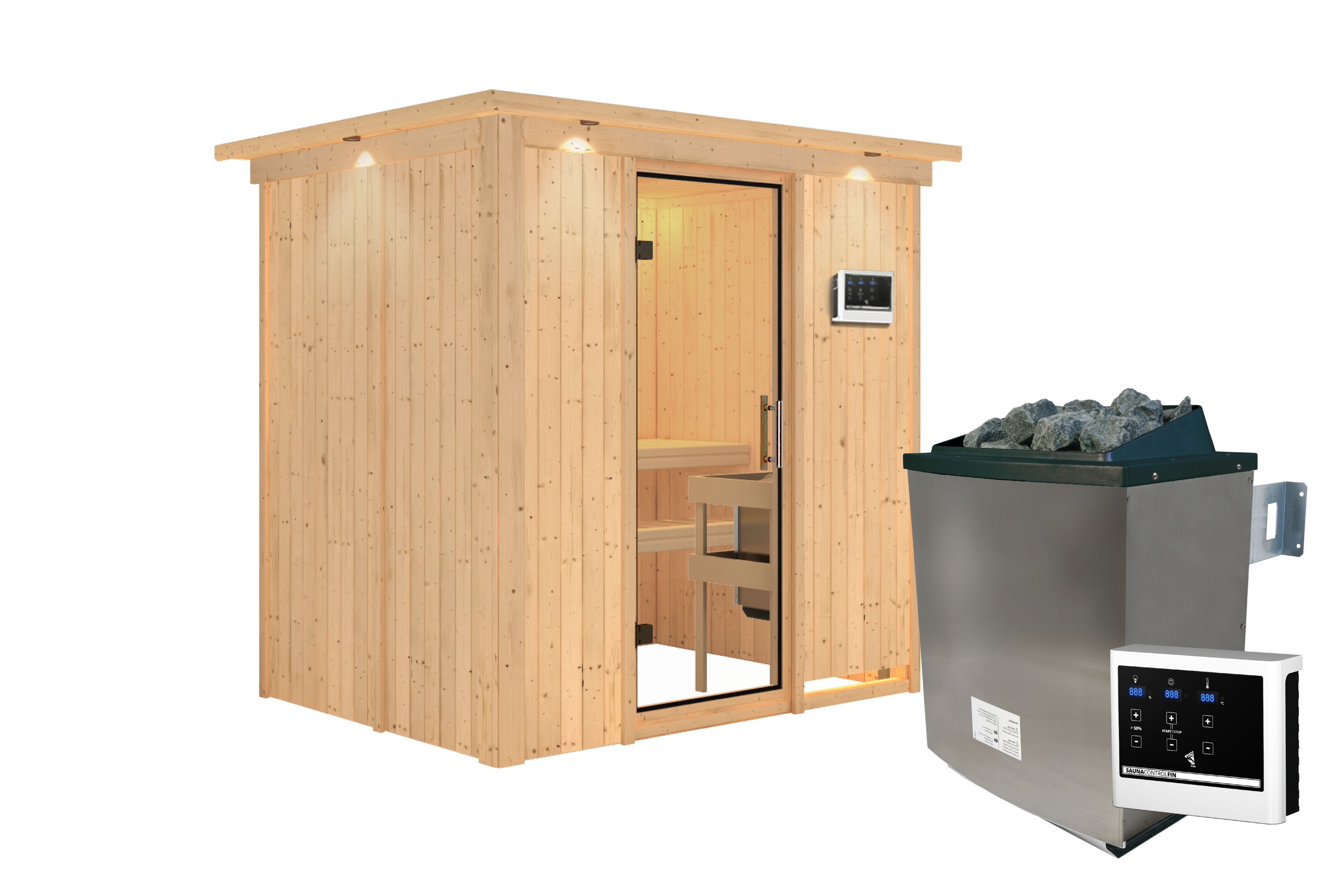 Innenansicht der Karibu Sauna Bodin mit Liegen und Kopfstütze aus hellem Espenholz
