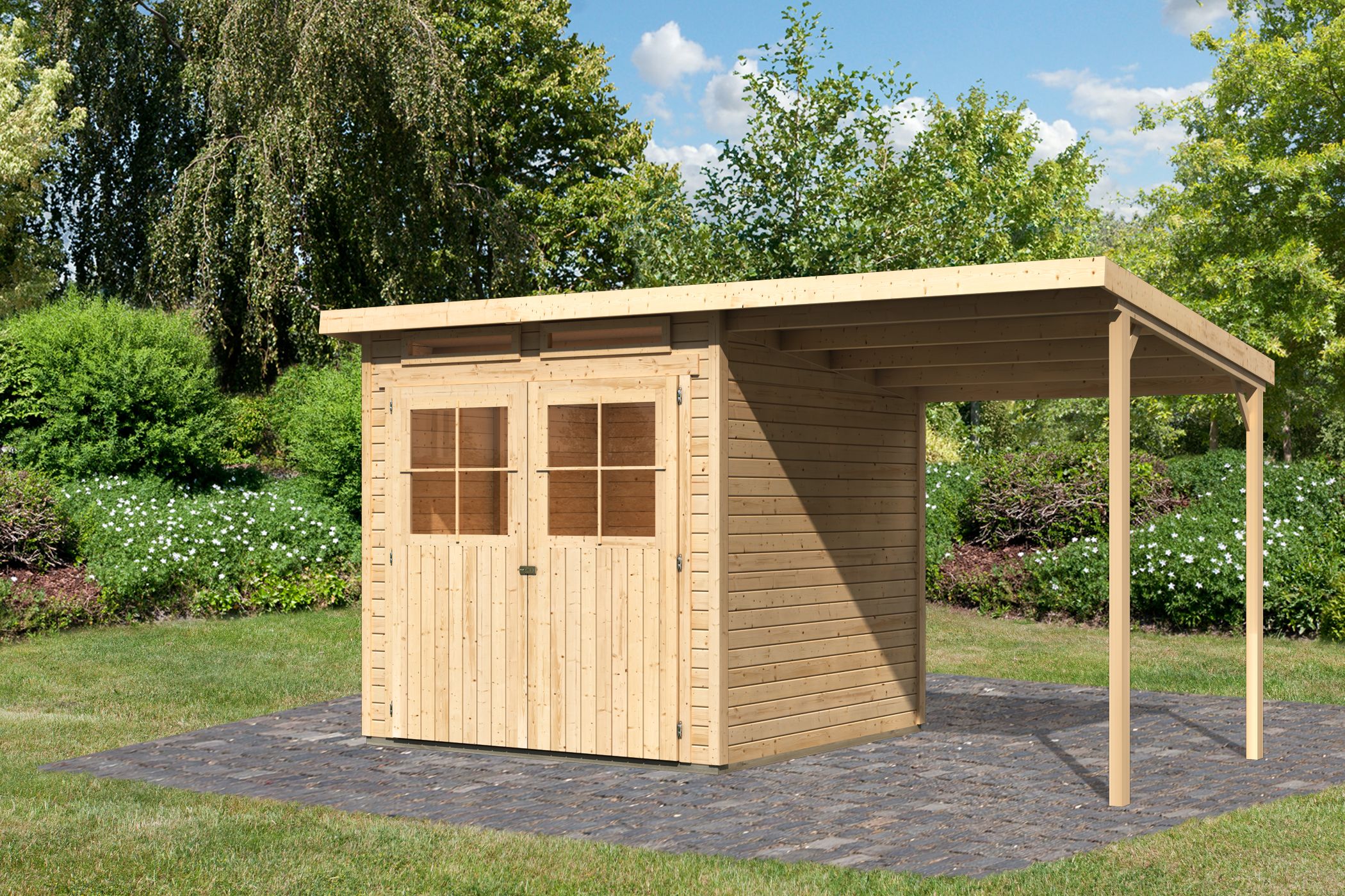 Karibu Gerätehaus Glücksburg 3 in Naturbelassen und Anbaudach, Außenansicht