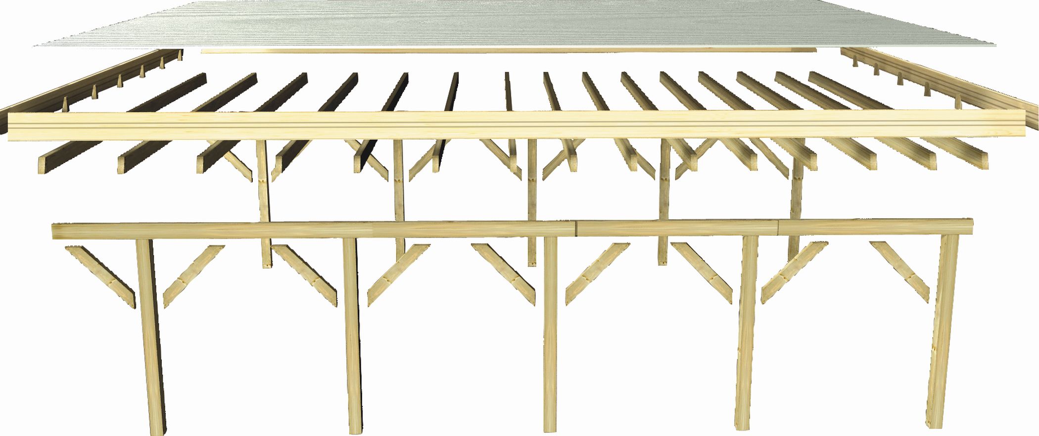 Aufbaudarstellung des Karibu Einzelcarport Classic 3 mit Pfosten, Trägerbalken und Dachplatten im Überblick