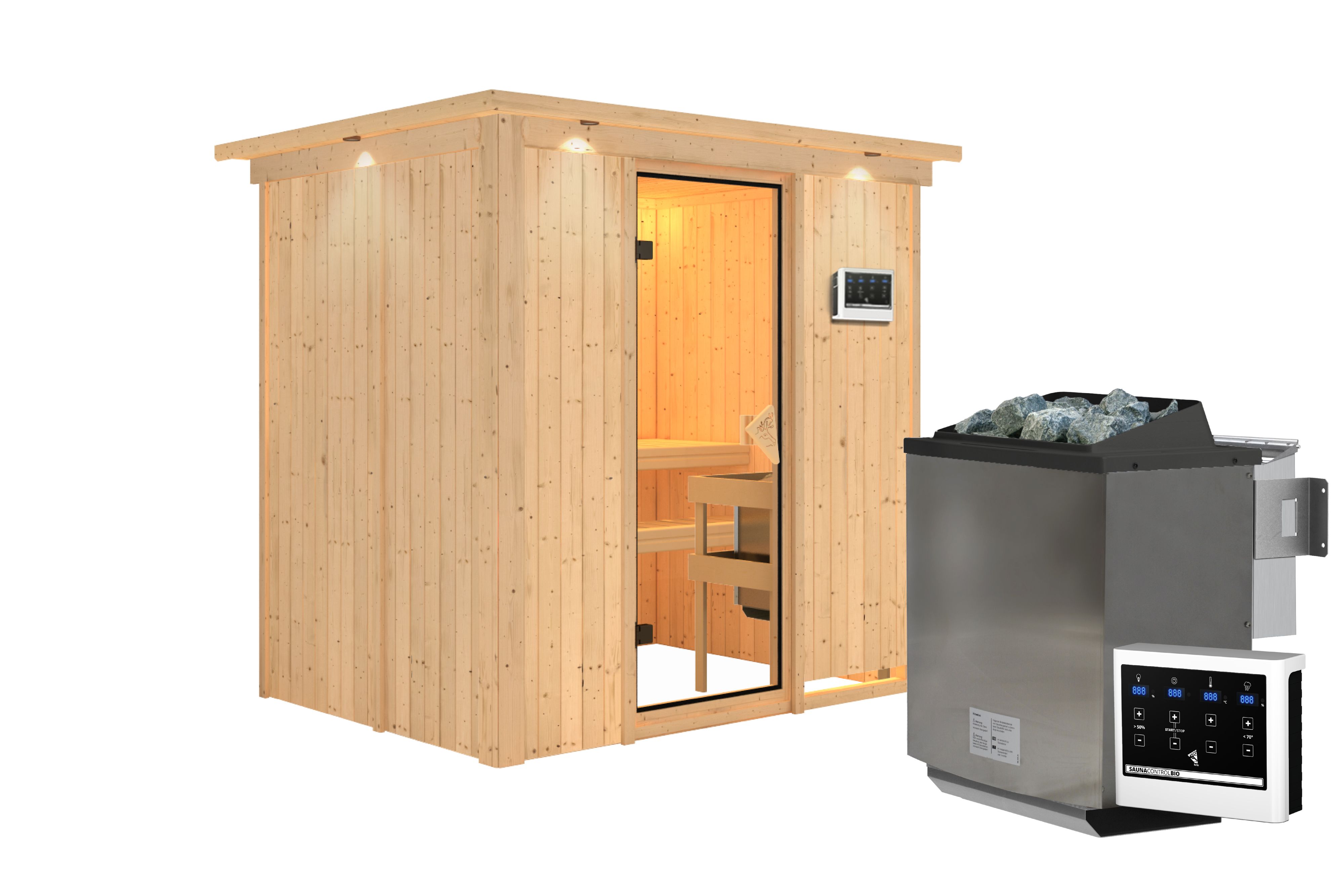 Innenansicht der Karibu Sauna Bodin mit Liegen und Kopfstütze aus hellem Espenholz