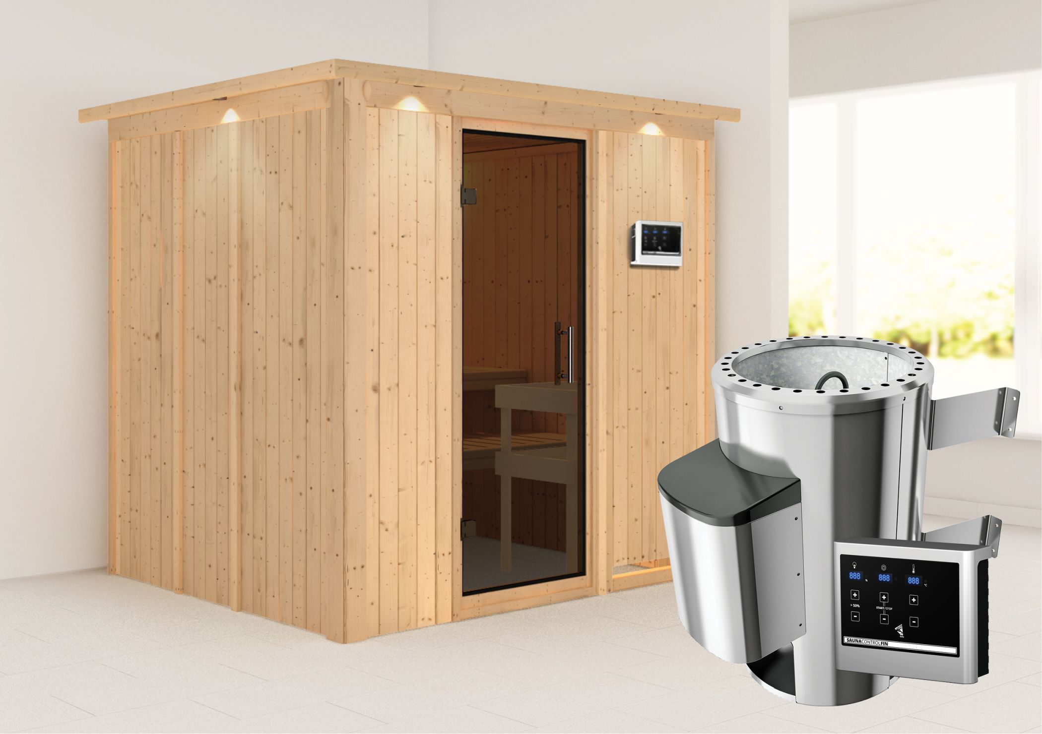 Außenansicht der Karibu Sauna Daria aus nordischer Fichte mit graphitfarbener Ganzglastür und Fronteinstieg