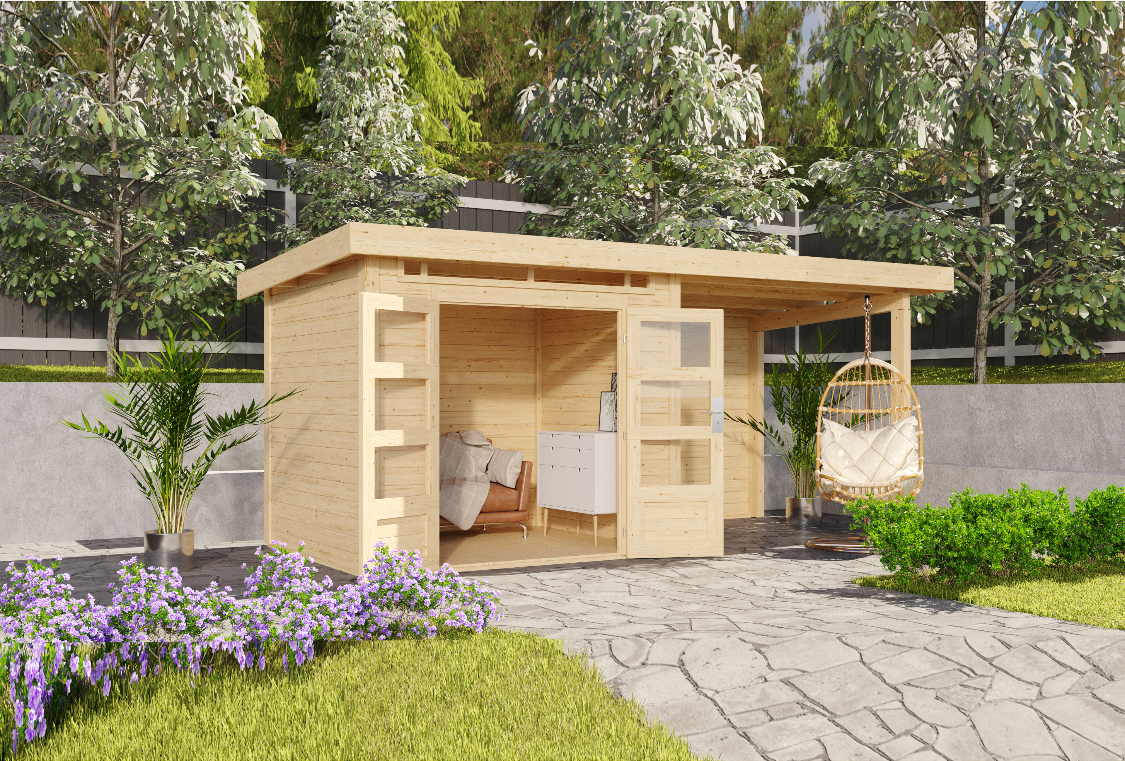 Karibu Gartenhaus Maria B mit Anbaudach im Garten