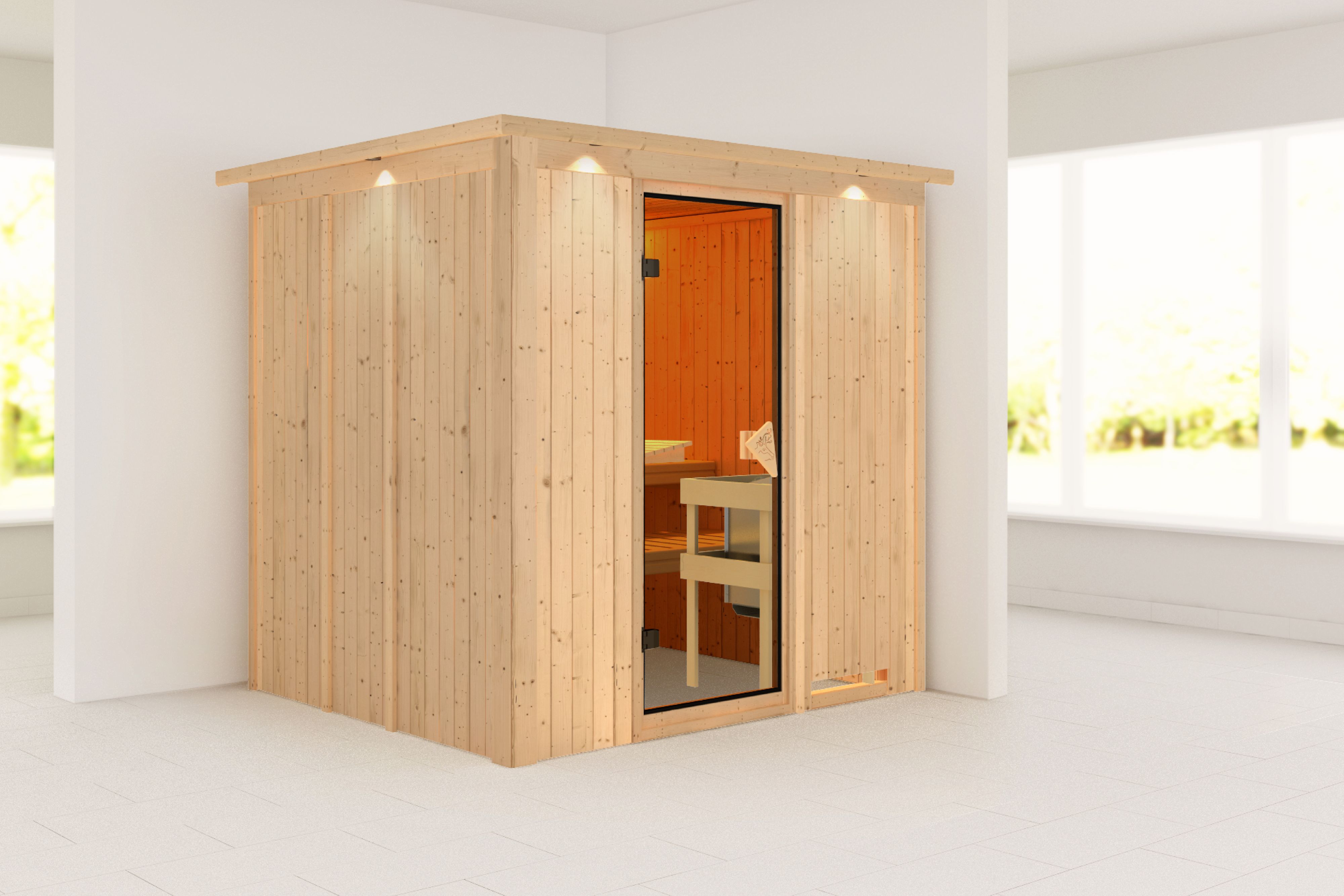 Außenansicht der Karibu Sauna Sodin aus nordischer Fichte mit bronzierter Ganzglastür und Fronteinstieg