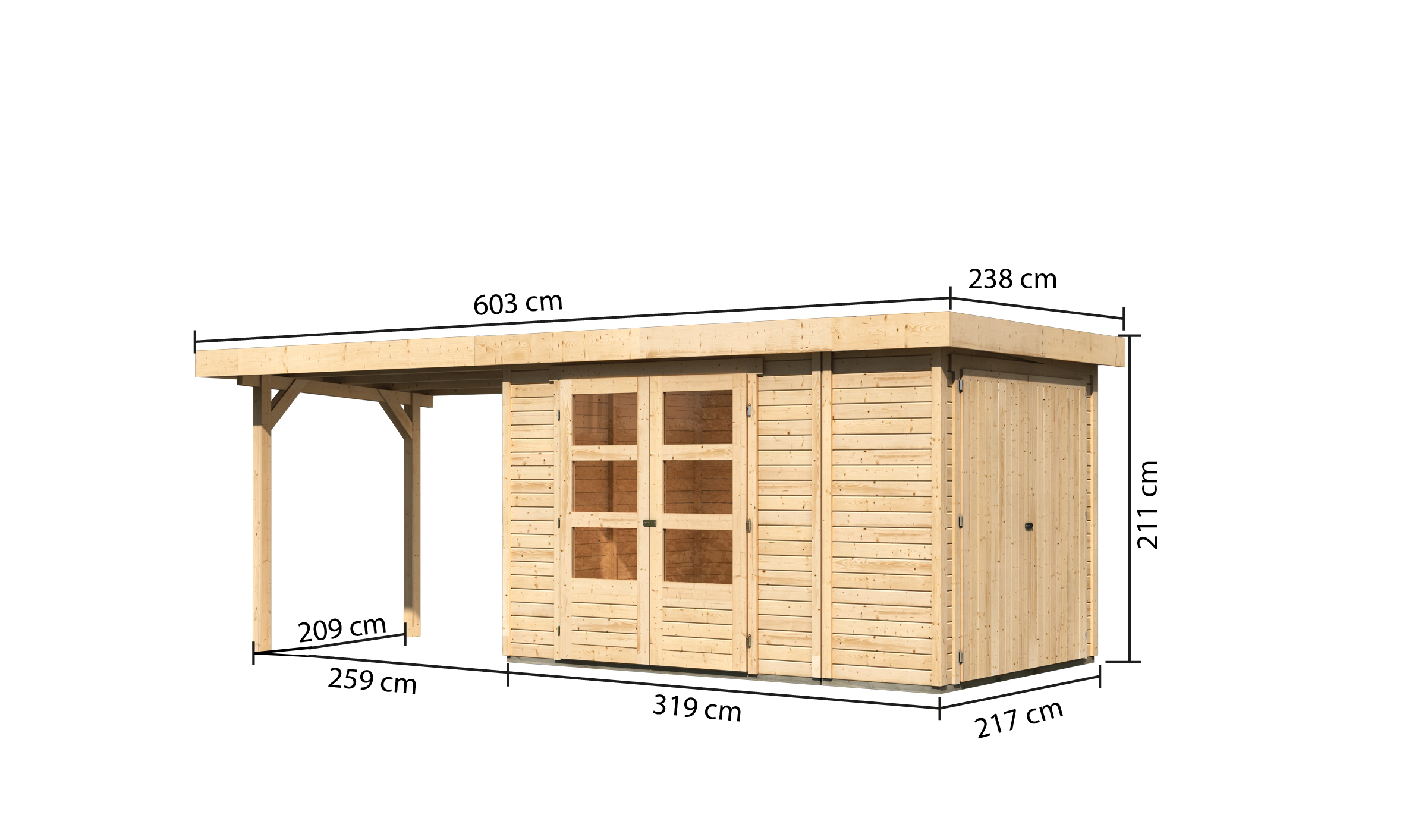 Bemaßte Maßzeichnung des Karibu Gerätehaus Retola 3 mit Anbaudach, 604 × 238 cm